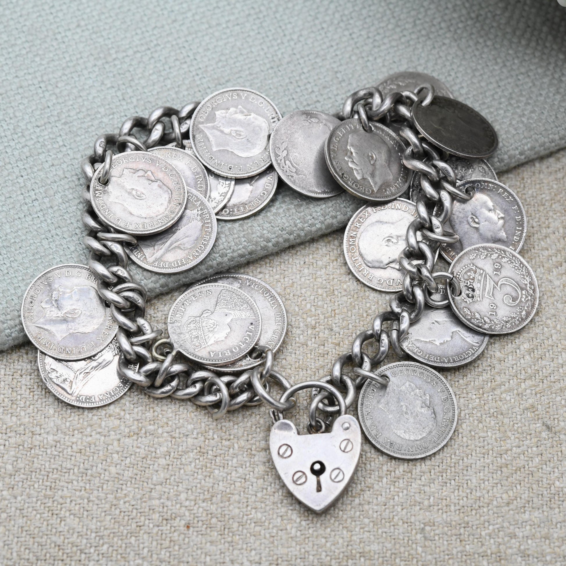 Antique Silver Coin Charm Bracelet c. 1900 - Victoria 1887 George V 1916 | Chunky Curb Link with Heart Padlock Clasp