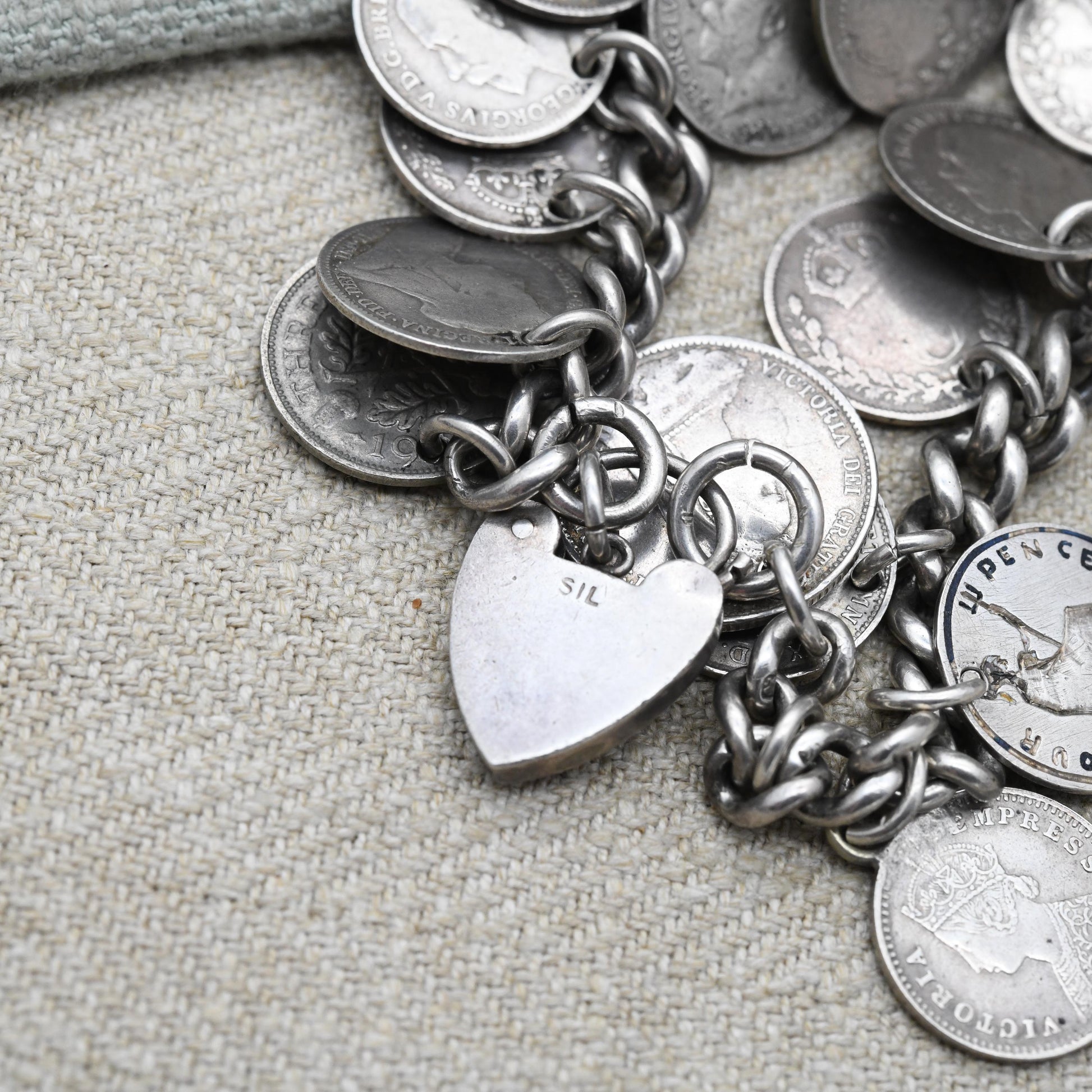 Antique Silver Coin Charm Bracelet c. 1900 - Victoria 1887 George V 1916 | Chunky Curb Link with Heart Padlock Clasp