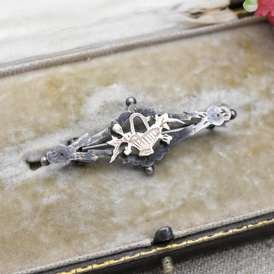 Antique Sterling Silver Rose Gold Plated Floral Basket Bar Brooch - Openwork Engraved Pin | Rose Gold Plated Front