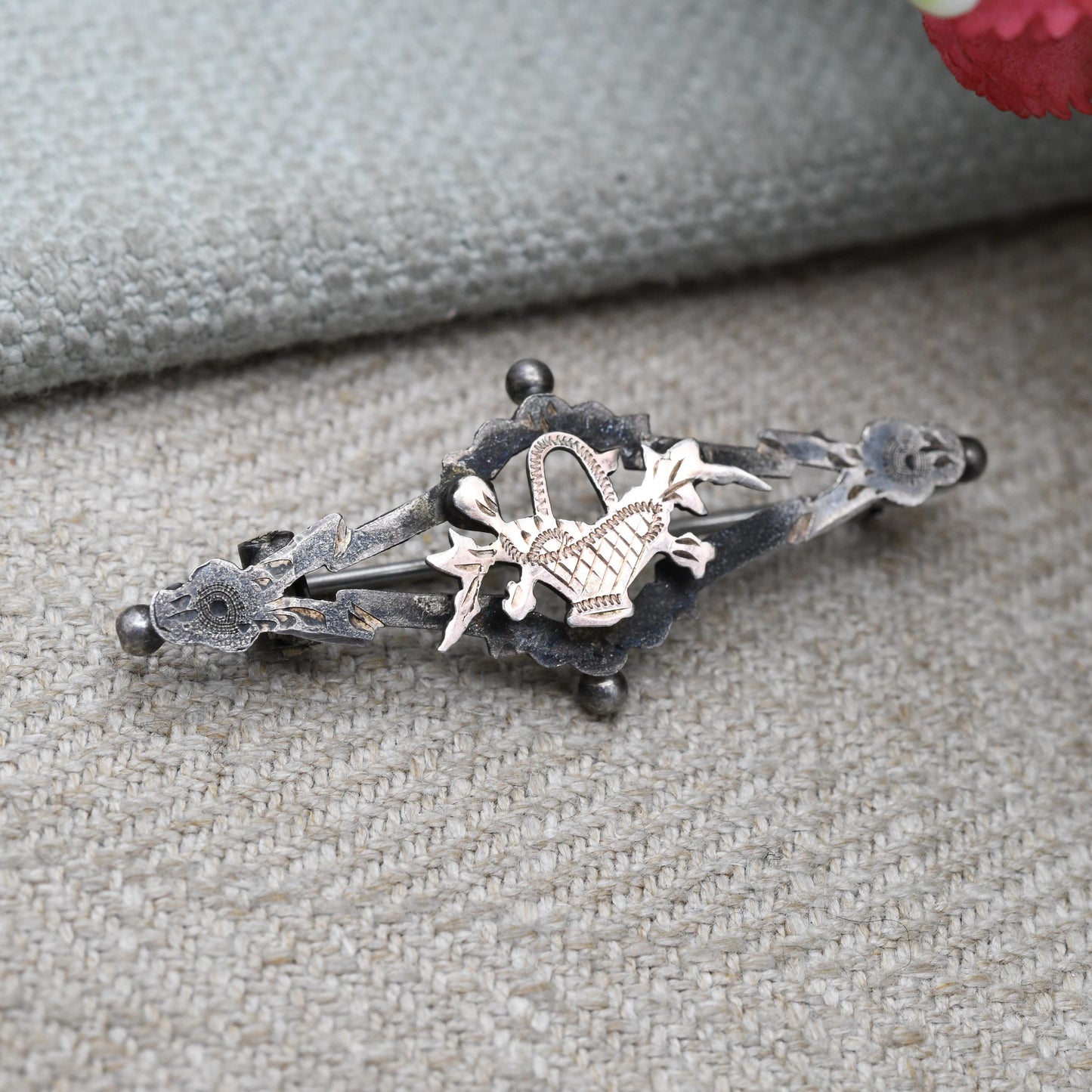 Antique Sterling Silver Rose Gold Plated Floral Basket Bar Brooch - Openwork Engraved Pin | Rose Gold Plated Front