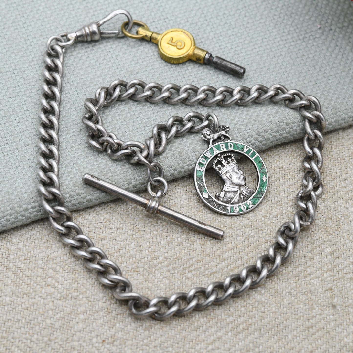Antique Sterling Silver Albert Chain with Edward VII Coronation Medal by Charles Horner and Vintage T Bar & Dog Clip