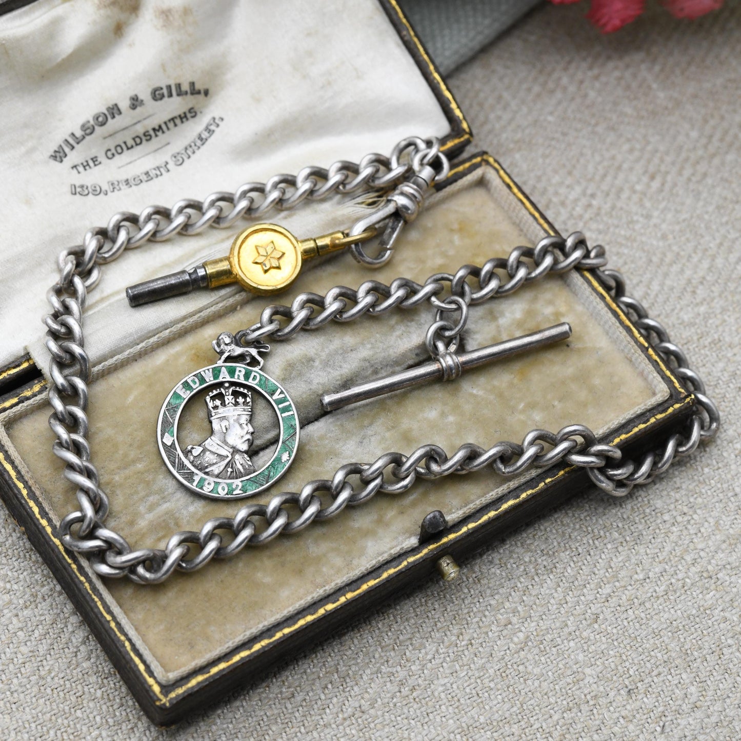 Antique Sterling Silver Albert Chain with Edward VII Coronation Medal by Charles Horner and Vintage T Bar & Dog Clip