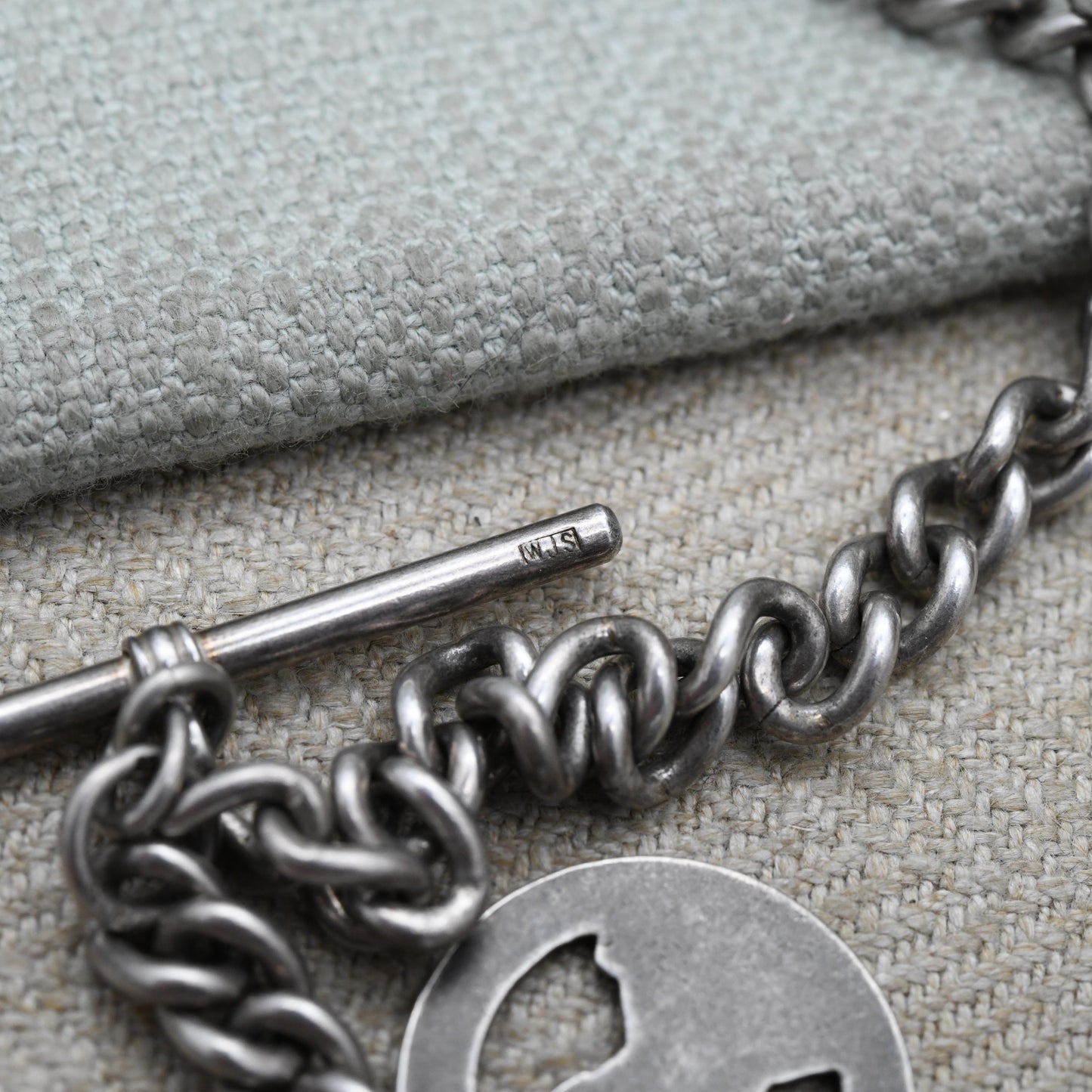 Antique Sterling Silver Albert Chain with Edward VII Coronation Medal by Charles Horner and Vintage T Bar & Dog Clip