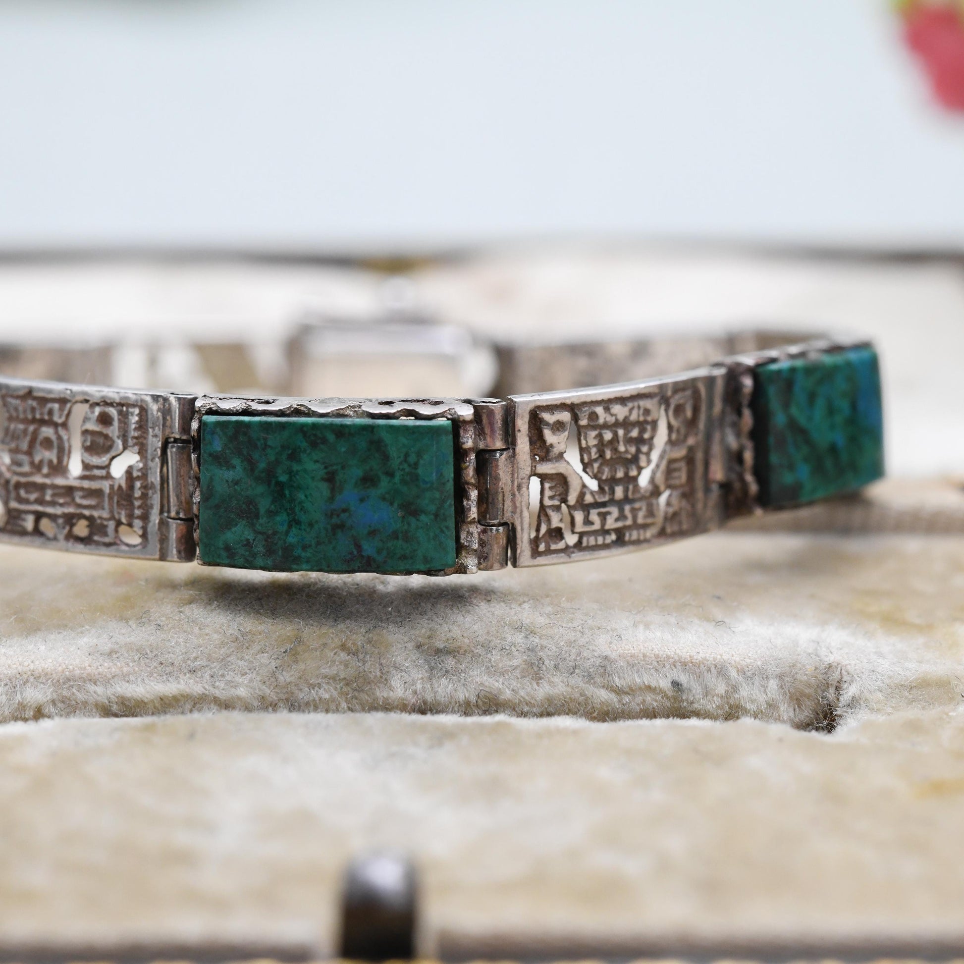 Vintage Peruvian Sterling Silver Gemstone Panel Bracelet with Engraved Scenes
