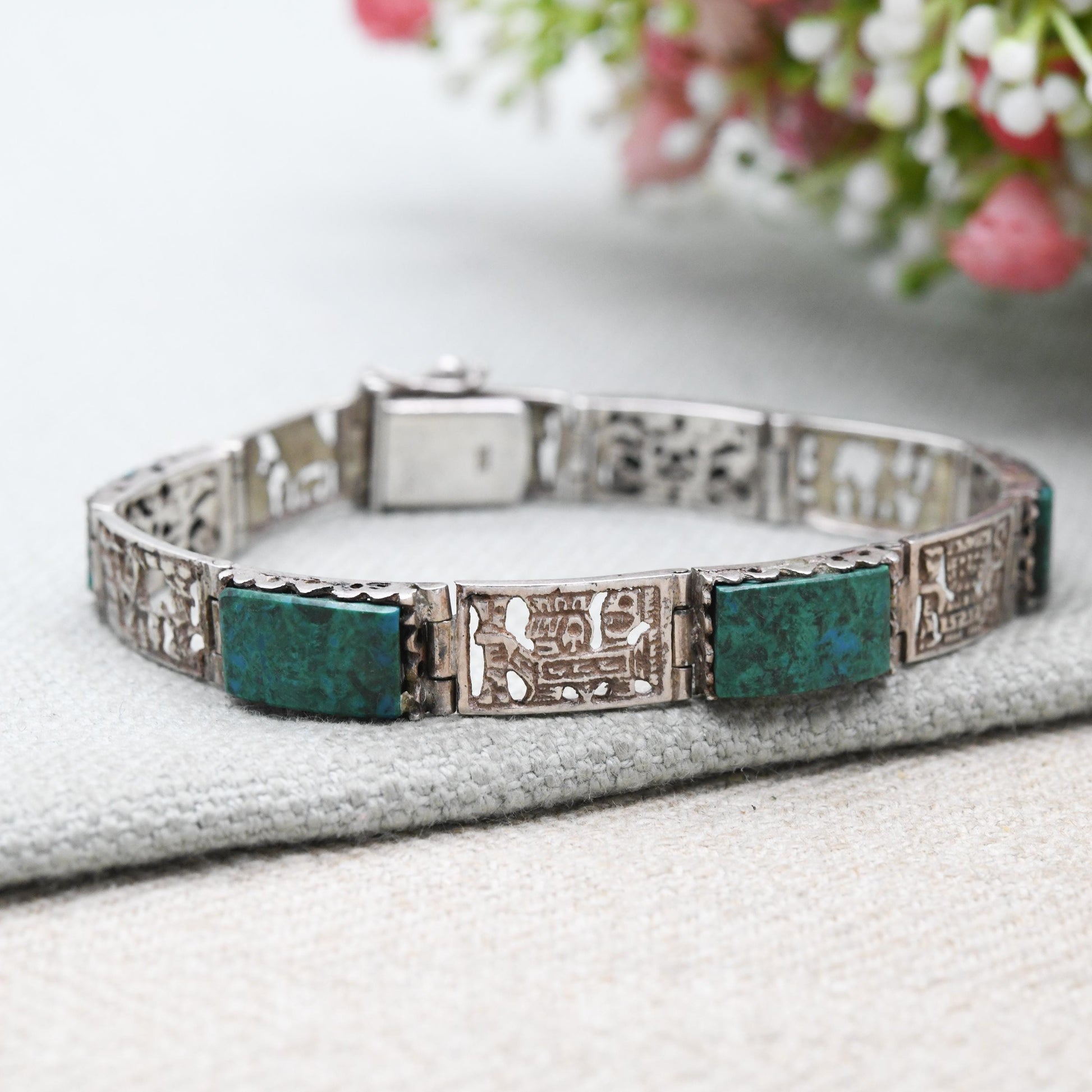 Vintage Peruvian Sterling Silver Gemstone Panel Bracelet with Engraved Scenes