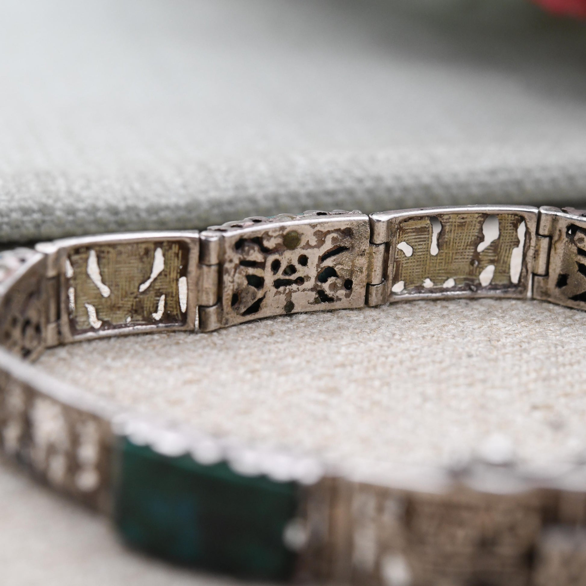 Vintage Peruvian Sterling Silver Gemstone Panel Bracelet with Engraved Scenes