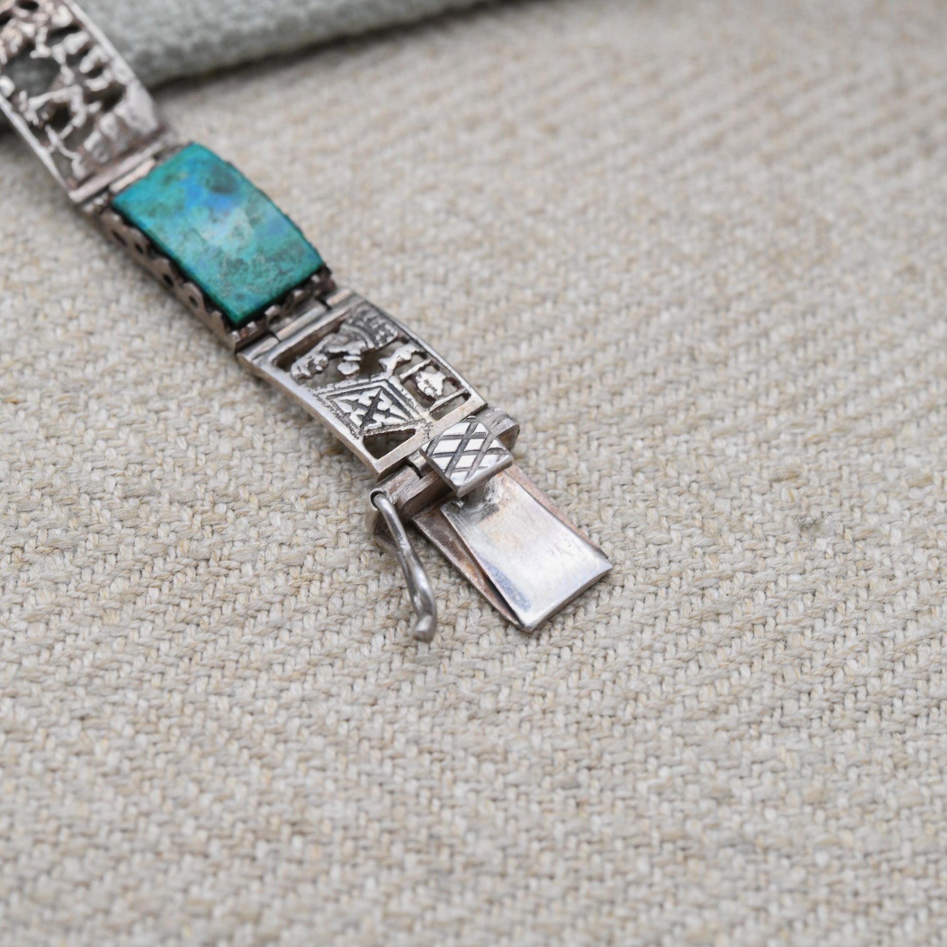 Vintage Peruvian Sterling Silver Gemstone Panel Bracelet with Engraved Scenes