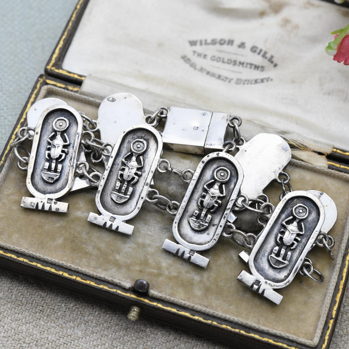 Vintage Egyptian 800 Silver Panel Bracelet - Souvenir Scarab Beetle | Box Clasp and Safety Chain