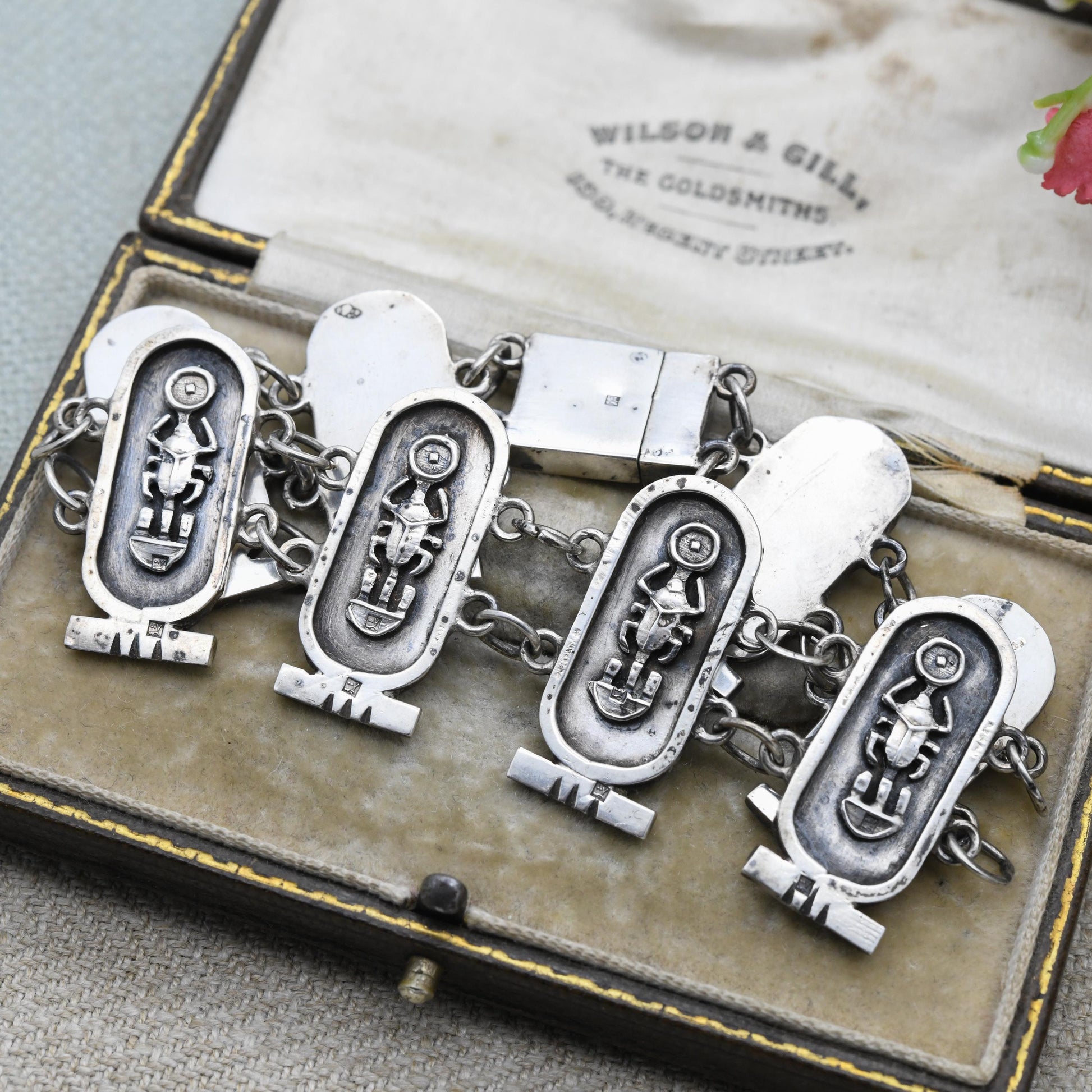 Vintage Egyptian 800 Silver Panel Bracelet - Souvenir Scarab Beetle | Box Clasp and Safety Chain