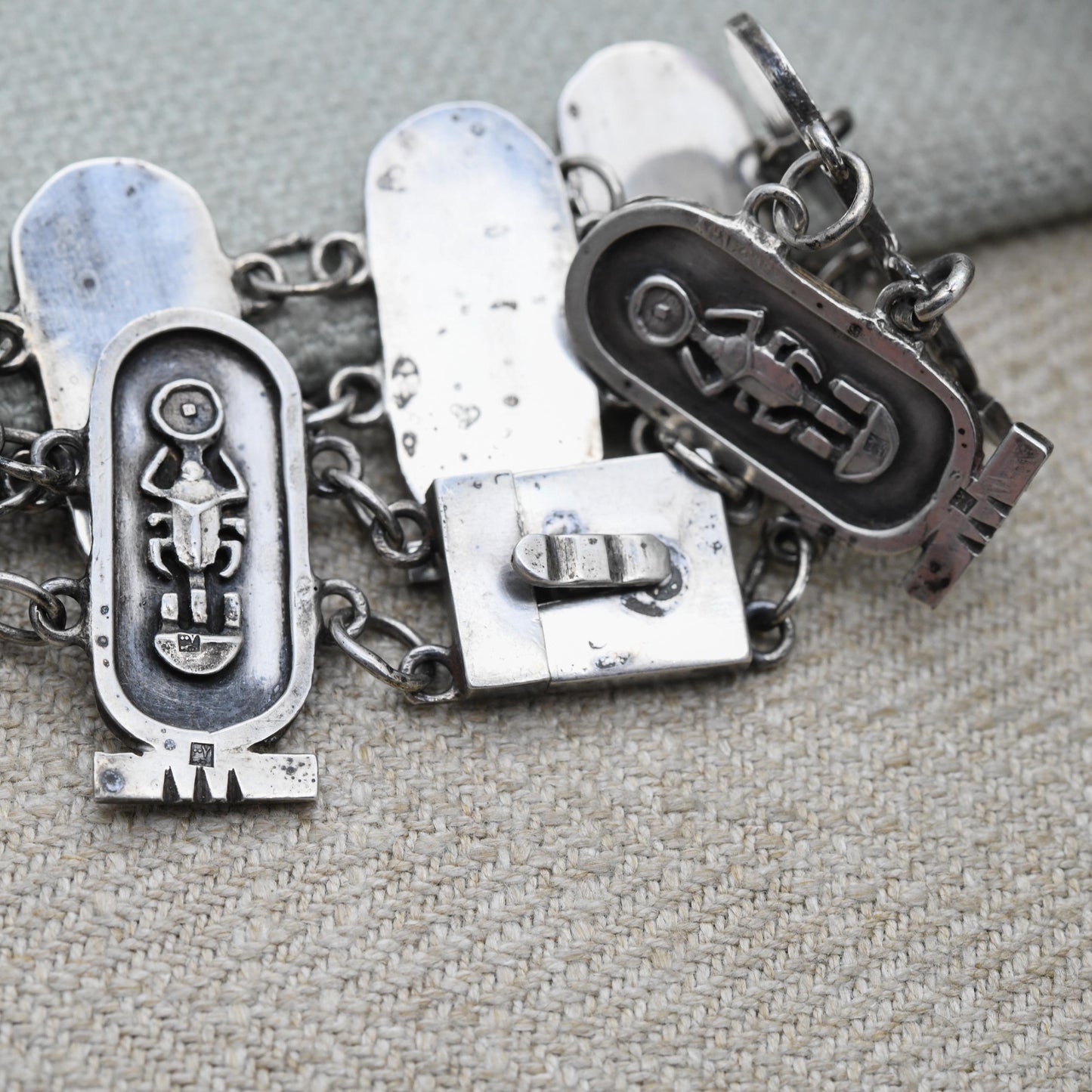 Vintage Egyptian 800 Silver Panel Bracelet - Souvenir Scarab Beetle | Box Clasp and Safety Chain