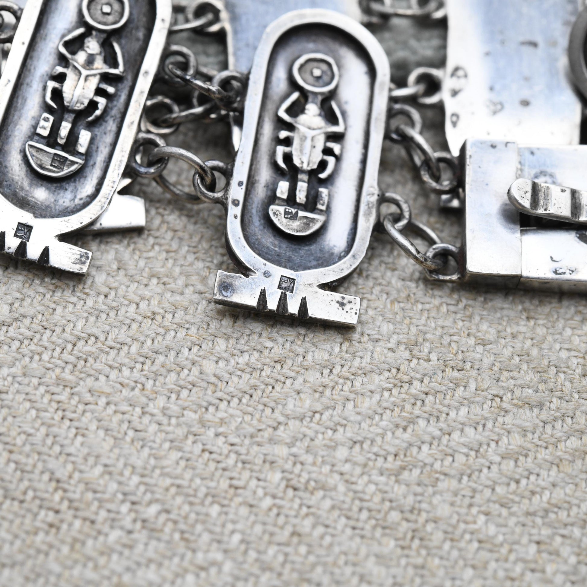Vintage Egyptian 800 Silver Panel Bracelet - Souvenir Scarab Beetle | Box Clasp and Safety Chain