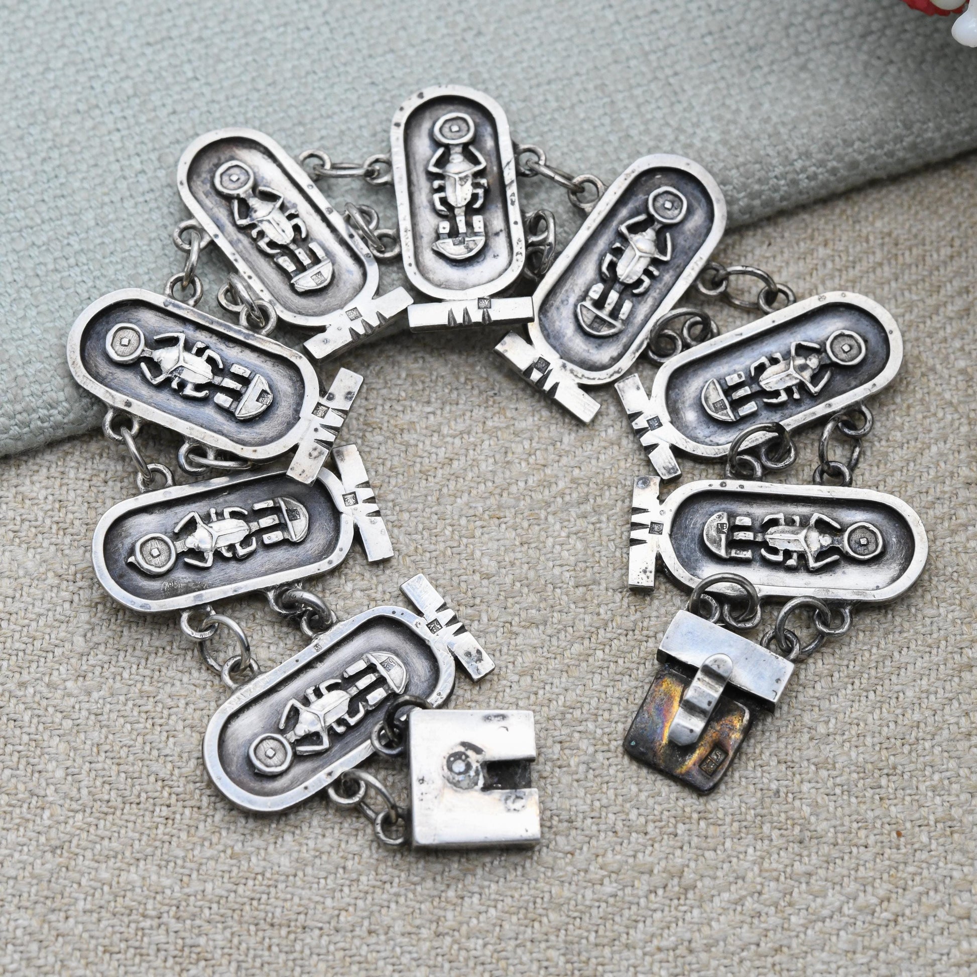 Vintage Egyptian 800 Silver Panel Bracelet - Souvenir Scarab Beetle | Box Clasp and Safety Chain