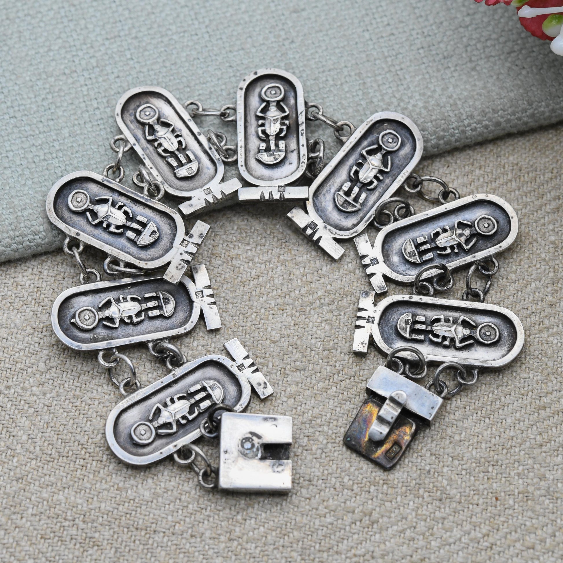 Vintage Egyptian 800 Silver Panel Bracelet - Souvenir Scarab Beetle | Box Clasp and Safety Chain