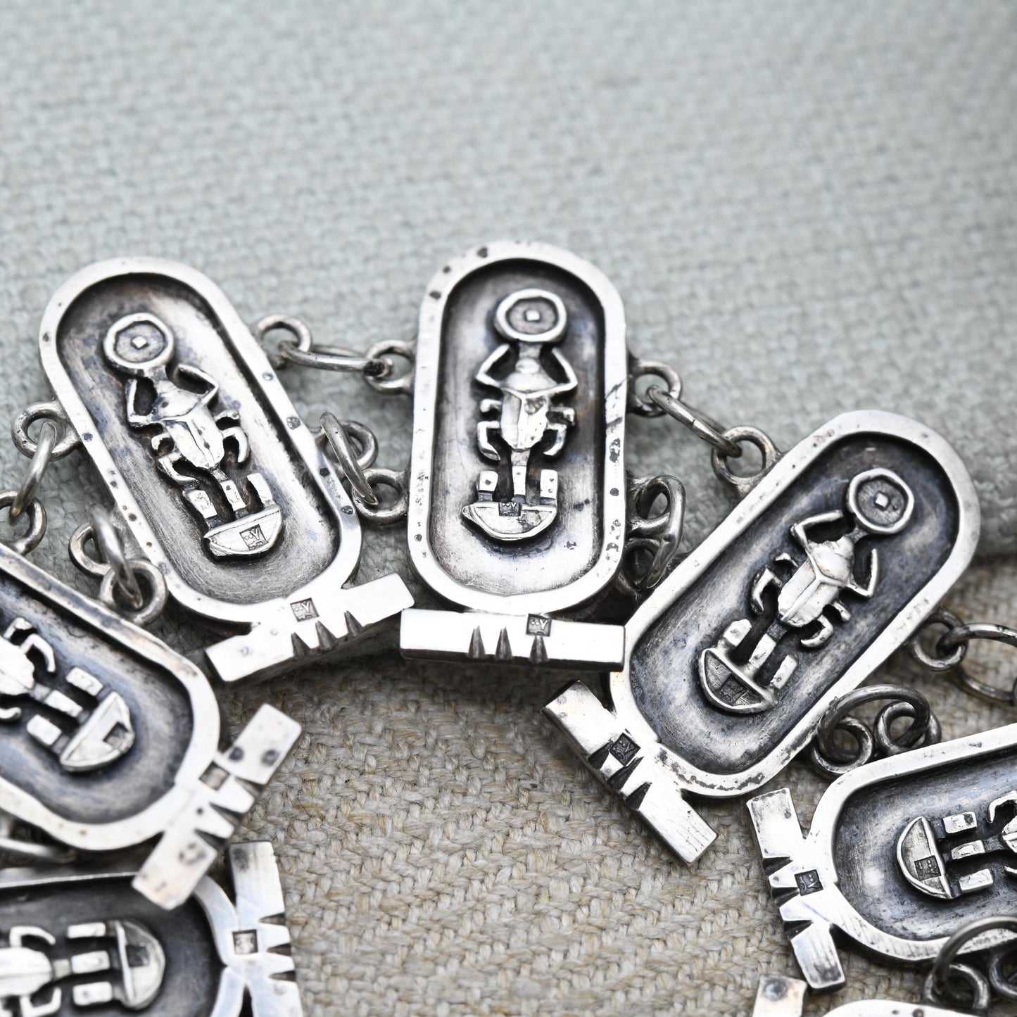 Vintage Egyptian 800 Silver Panel Bracelet - Souvenir Scarab Beetle | Box Clasp and Safety Chain