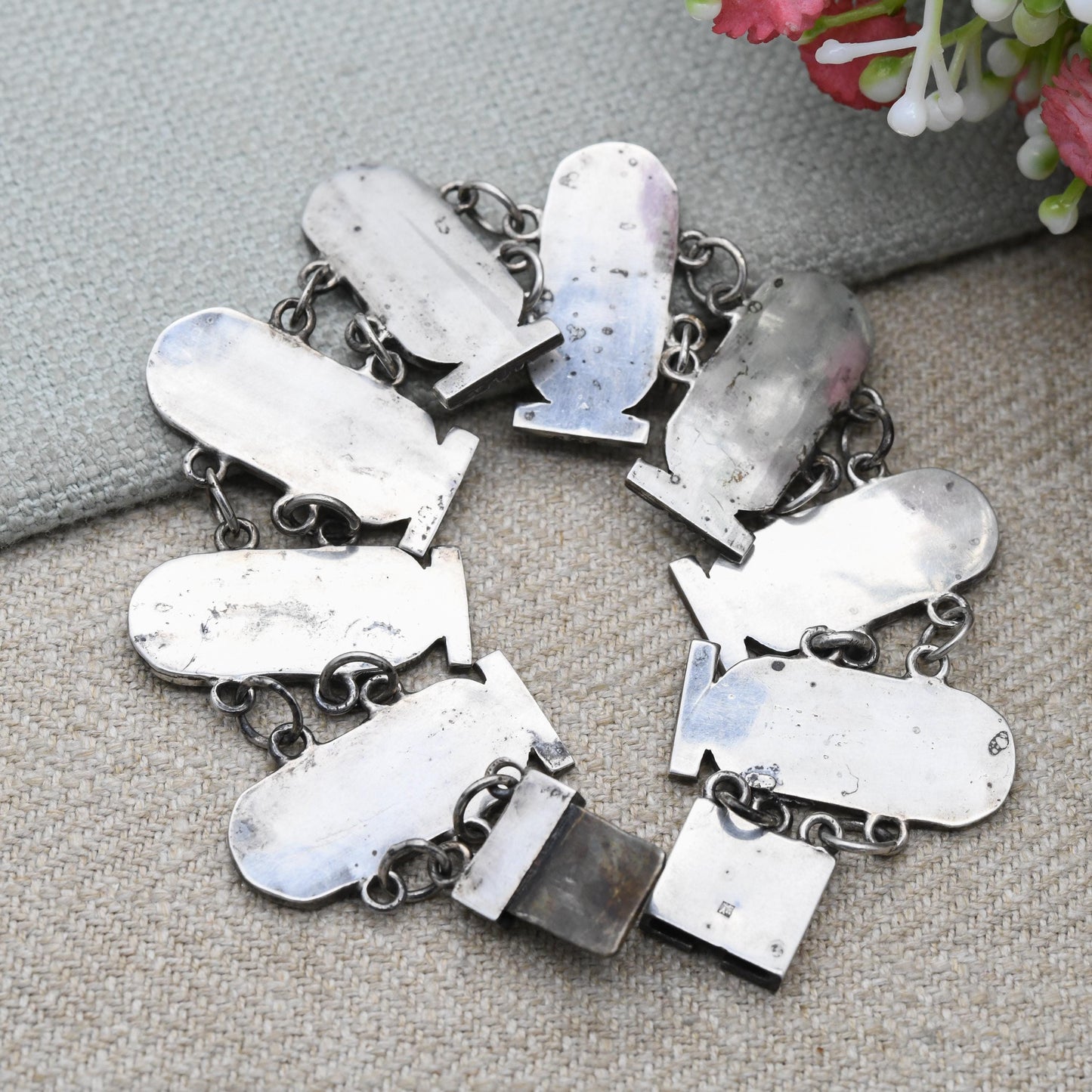 Vintage Egyptian 800 Silver Panel Bracelet - Souvenir Scarab Beetle | Box Clasp and Safety Chain