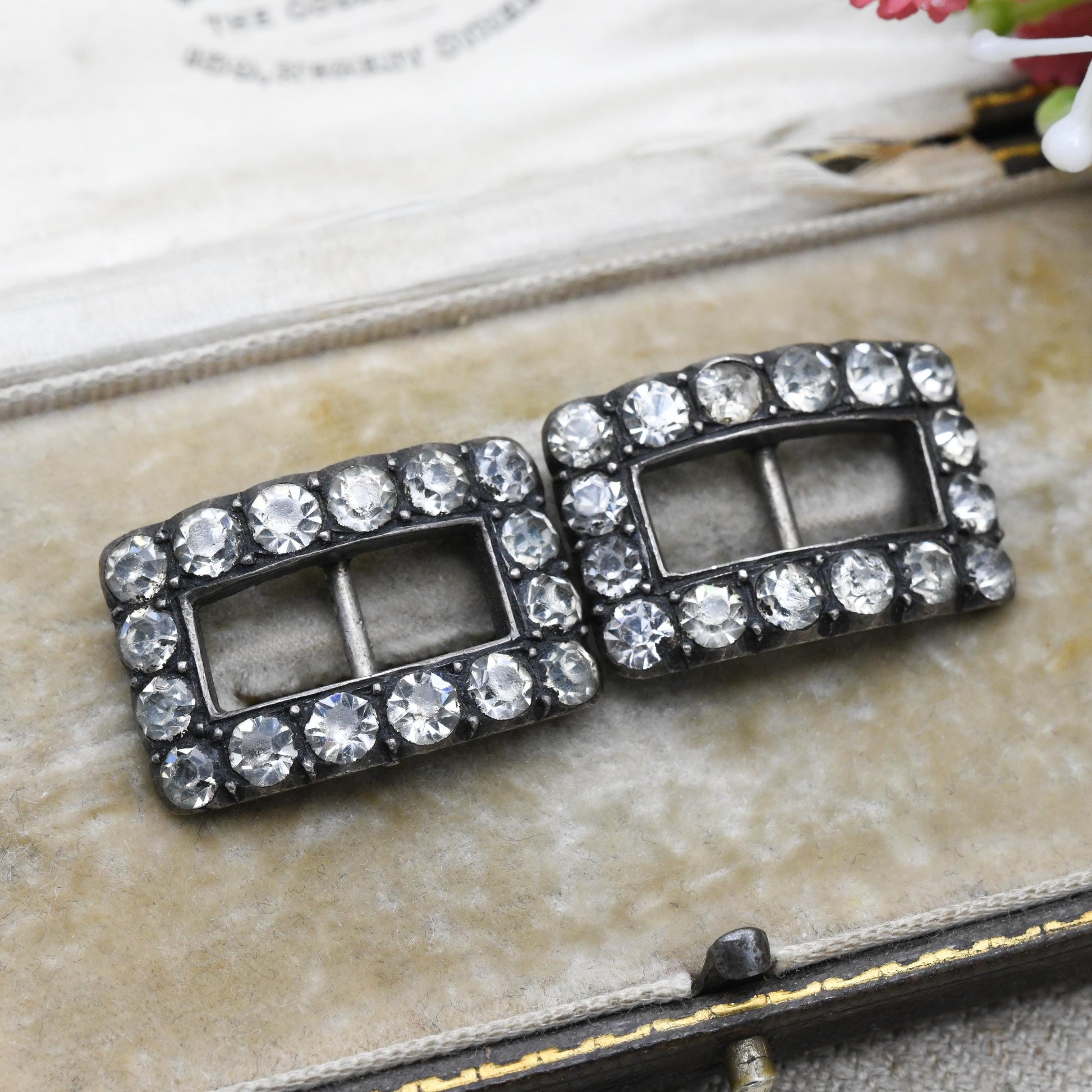 Antique Victorian Silver Shoe Buckles with Clear Paste Stones
