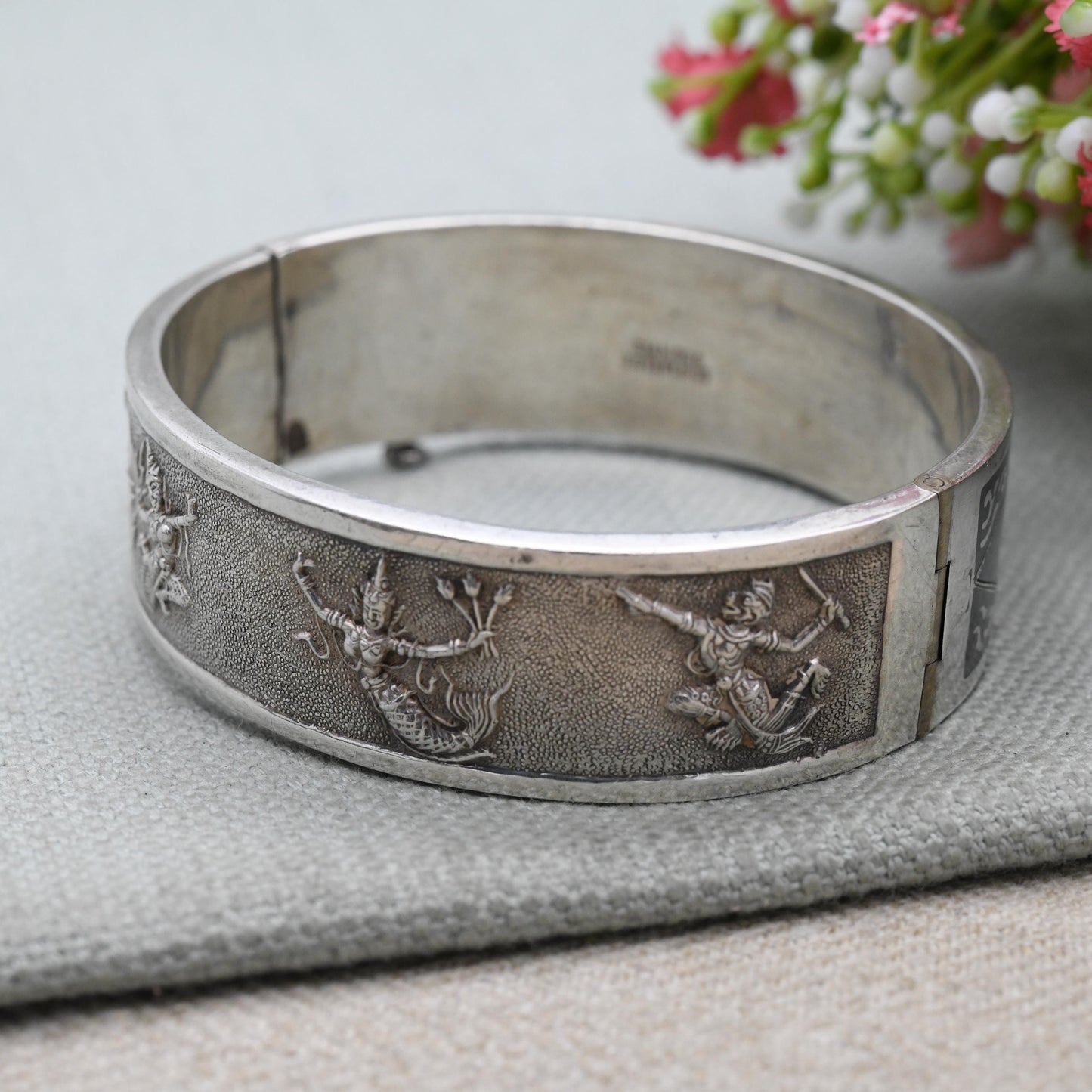 Vintage Sterling Silver & Enamel Siam Bangle Bracelet - Gorgeous Niello Enamel | Thailand | Mid-Century | Gift for Her