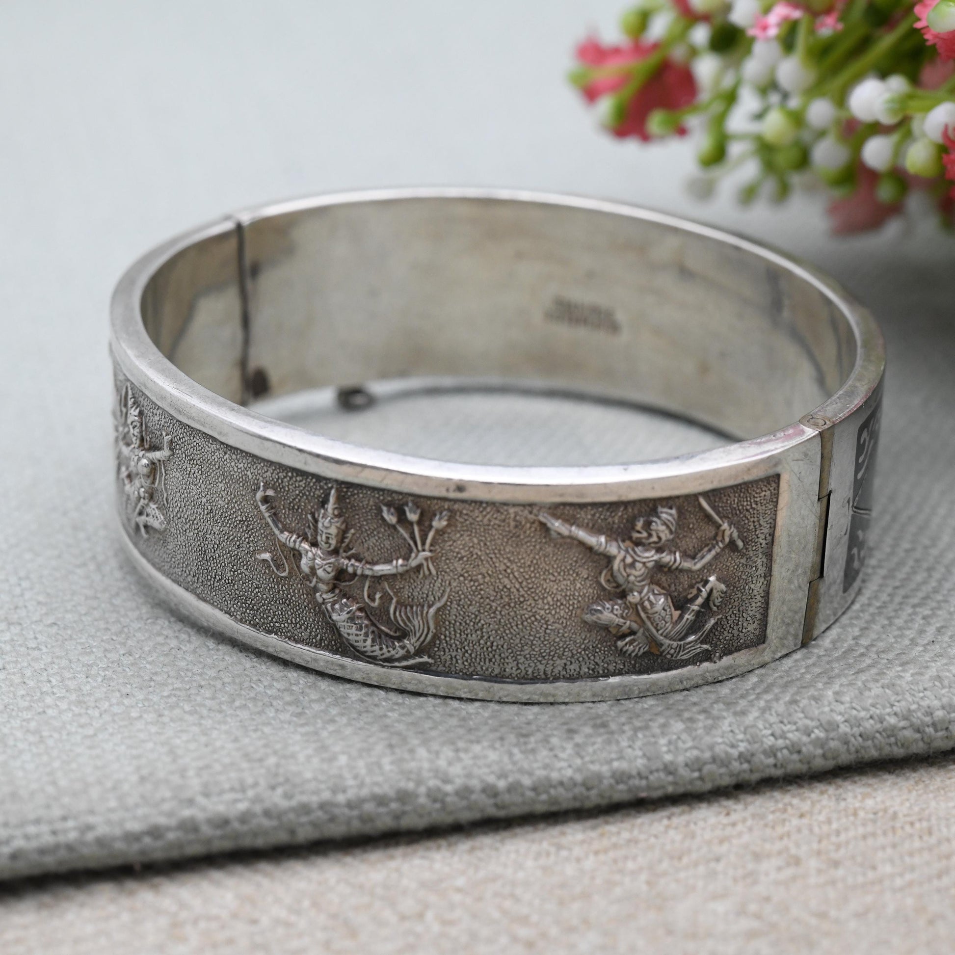 Vintage Sterling Silver & Enamel Siam Bangle Bracelet - Gorgeous Niello Enamel | Thailand | Mid-Century | Gift for Her