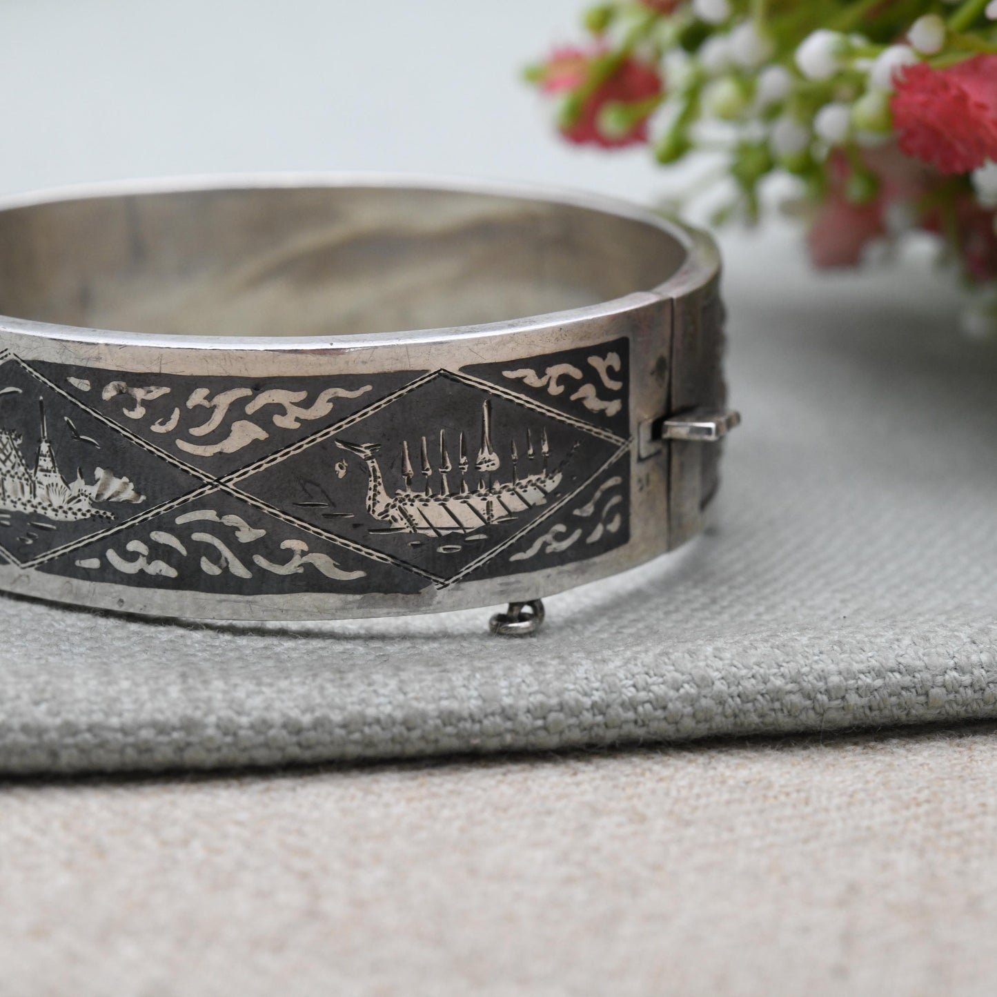 Vintage Sterling Silver & Enamel Siam Bangle Bracelet - Gorgeous Niello Enamel | Thailand | Mid-Century | Gift for Her