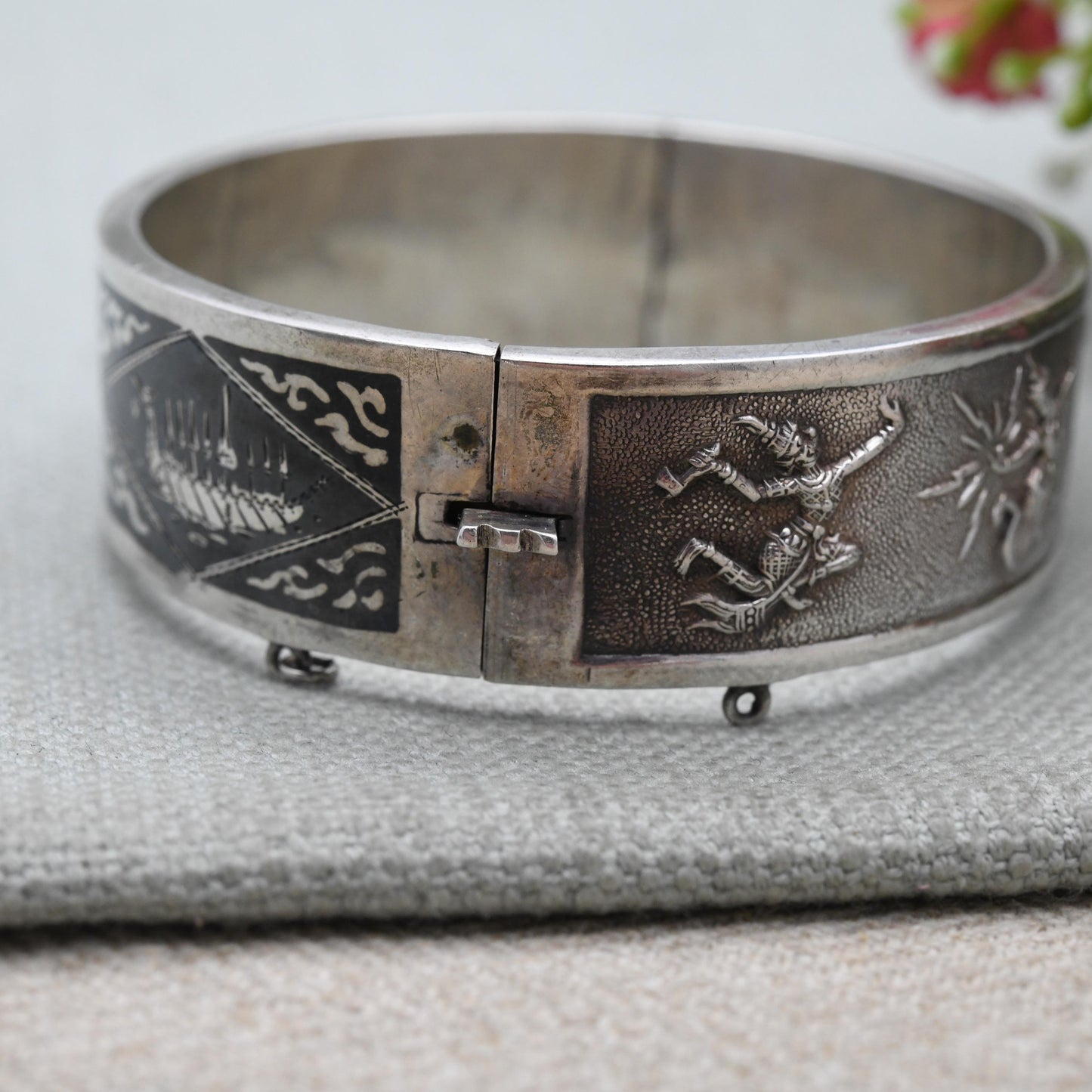 Vintage Sterling Silver & Enamel Siam Bangle Bracelet - Gorgeous Niello Enamel | Thailand | Mid-Century | Gift for Her