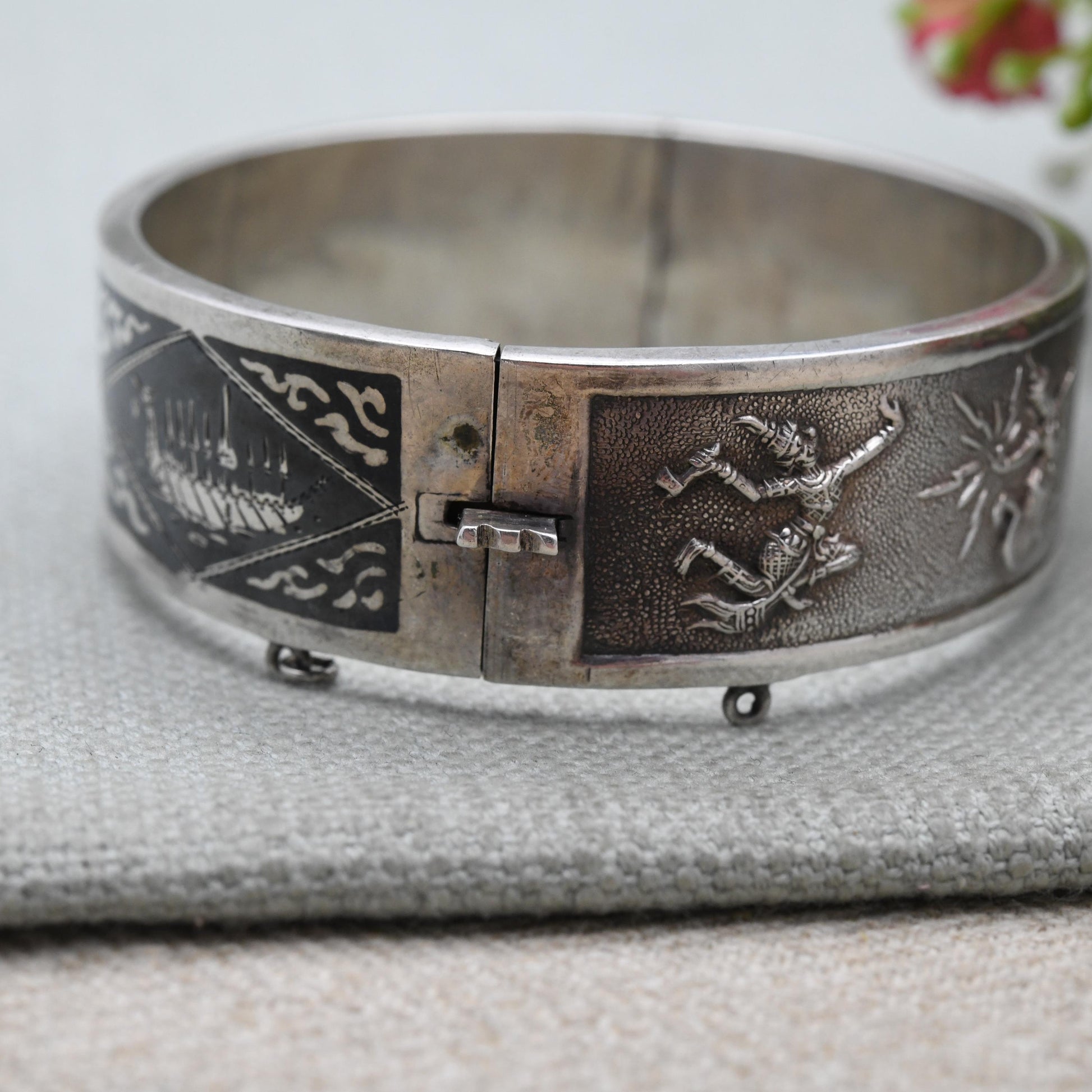 Vintage Sterling Silver & Enamel Siam Bangle Bracelet - Gorgeous Niello Enamel | Thailand | Mid-Century | Gift for Her