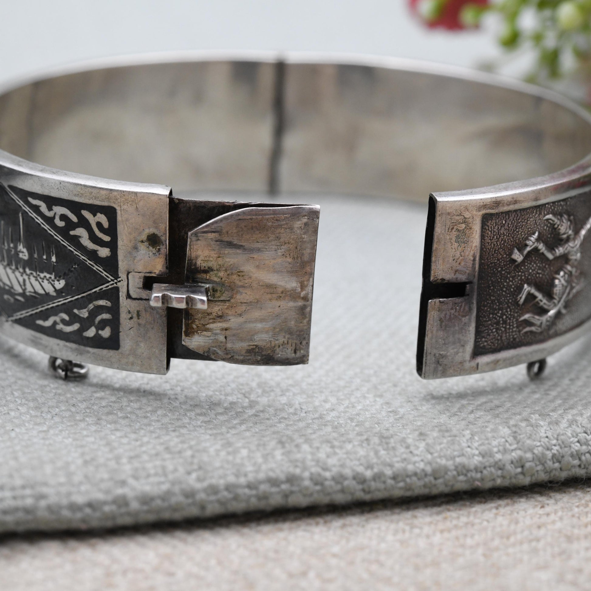 Vintage Sterling Silver & Enamel Siam Bangle Bracelet - Gorgeous Niello Enamel | Thailand | Mid-Century | Gift for Her
