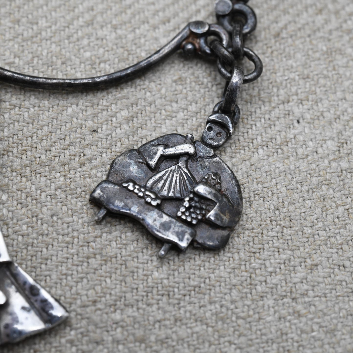 Vintage Azza Fahmy Sterling Silver Necklace with People Figures c. 1980s Egyptian Jewellery Designer - Tambourine Dancer and Market Traders