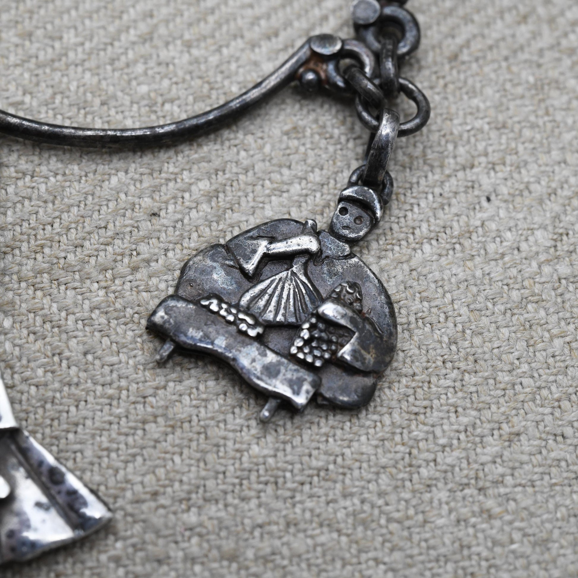 Vintage Azza Fahmy Sterling Silver Necklace with People Figures c. 1980s Egyptian Jewellery Designer - Tambourine Dancer and Market Traders