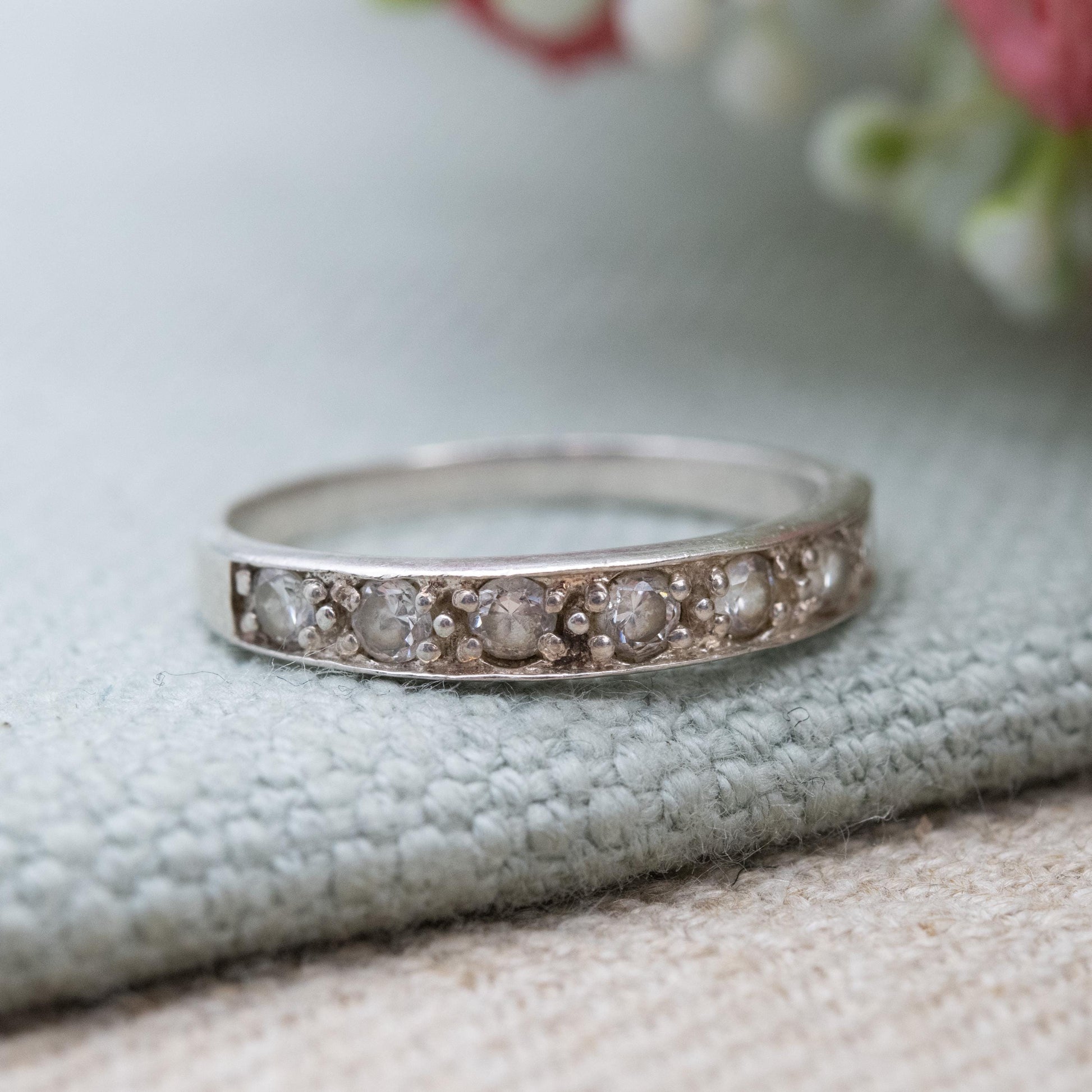Vintage Sterling Silver Half Eternity Ring with CZ Stones - Minimal Y2K Design Flush Setting Band | UK Size - P | US Size - 7 1/2