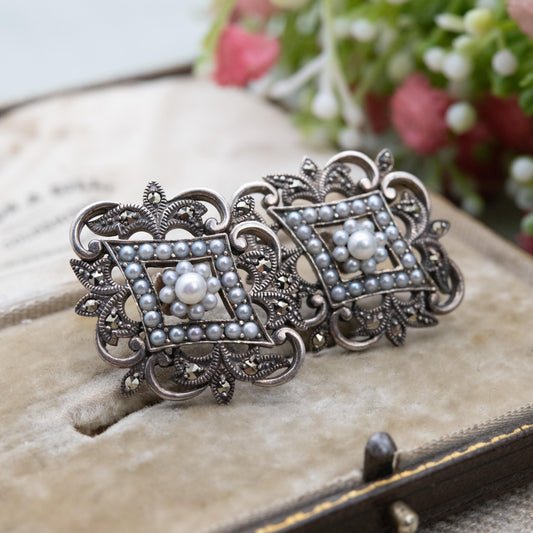 Vintage Sterling Silver Marcasite and Pearl Stud Earrings - Pretty Statement | Butterfly Push Back | Gift for Her