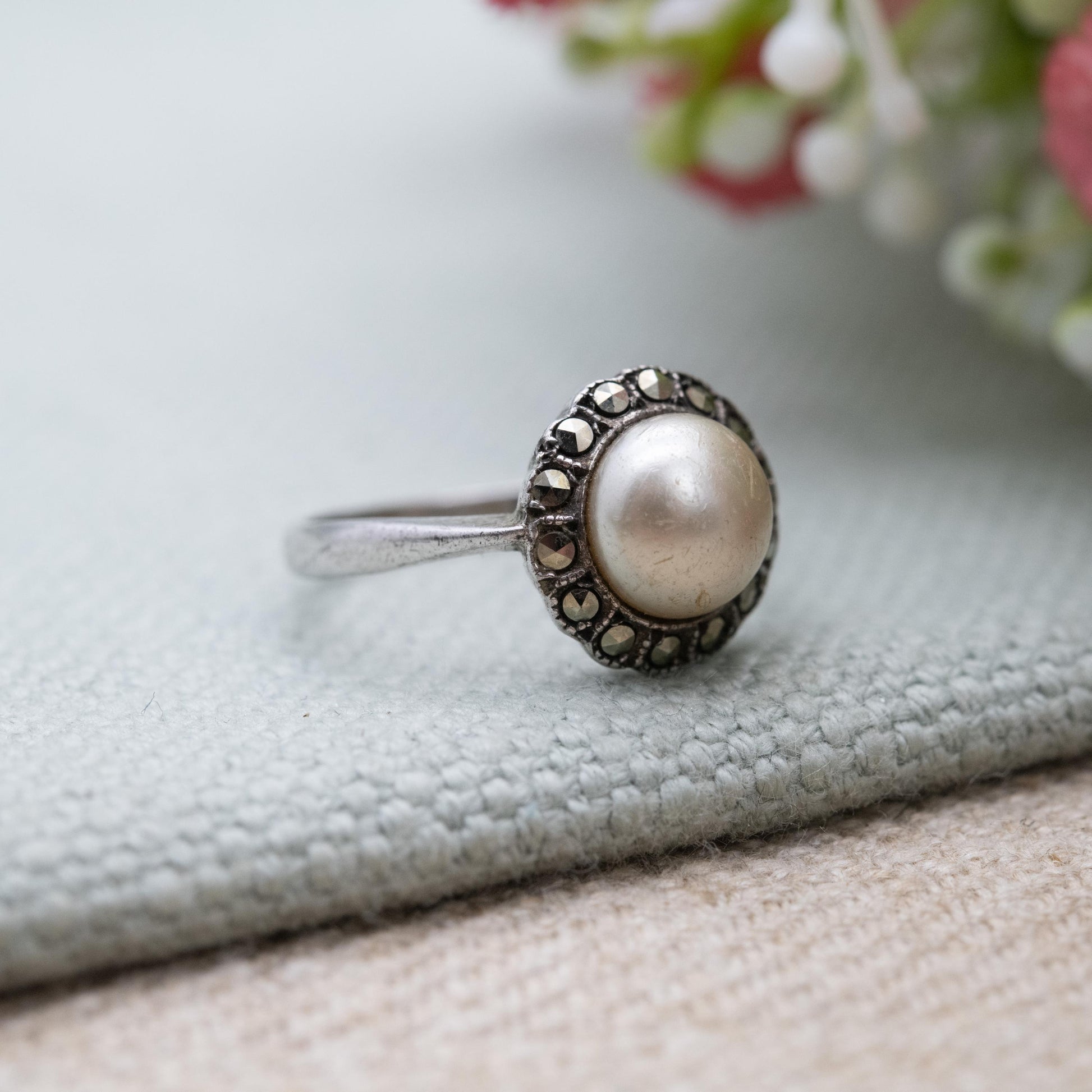Vintage Silver Faux Pearl Ring with Marcasite Halo Stones 1954 - Art Deco Style Shape | Statement Cocktail | UK Size - L 1/2 | US Size - 6