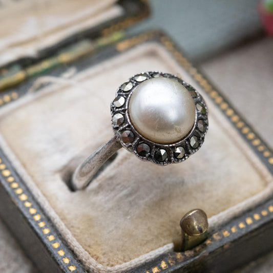 Vintage Silver Faux Pearl Ring with Marcasite Halo Stones 1954 - Art Deco Style Shape | Statement Cocktail | UK Size - L 1/2 | US Size - 6