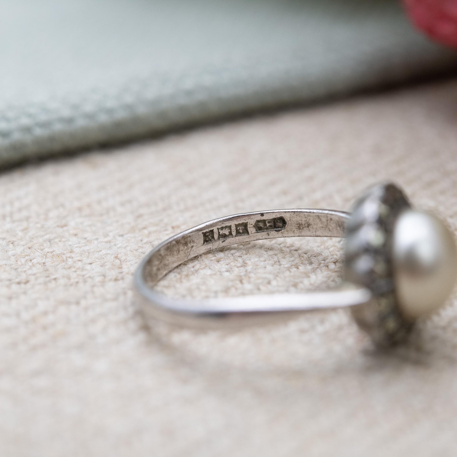 Vintage Silver Faux Pearl Ring with Marcasite Halo Stones 1954 - Art Deco Style Shape | Statement Cocktail | UK Size - L 1/2 | US Size - 6