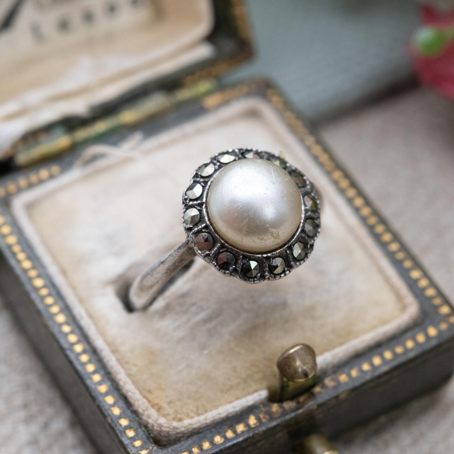 Vintage Silver Faux Pearl Ring with Marcasite Halo Stones 1954 - Art Deco Style Shape | Statement Cocktail | UK Size - L 1/2 | US Size - 6