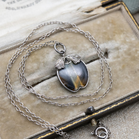 Vintage Sterling Silver Tigers Eye Apple Pendant and Trace Chain - Fruit Jewellery Necklace | Unisex Gift