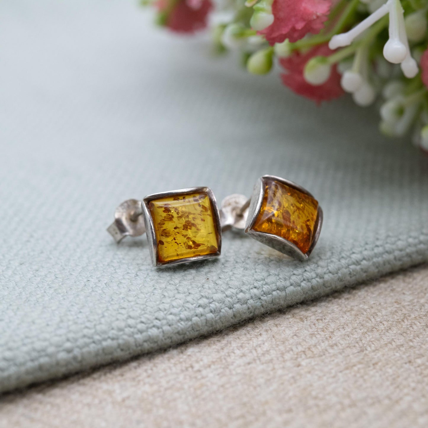 Vintage Sterling Silver Amber Stud Earrings - Cute Square Orange Gemstone Studs | Pretty Gift for Her | Butterfly Backs