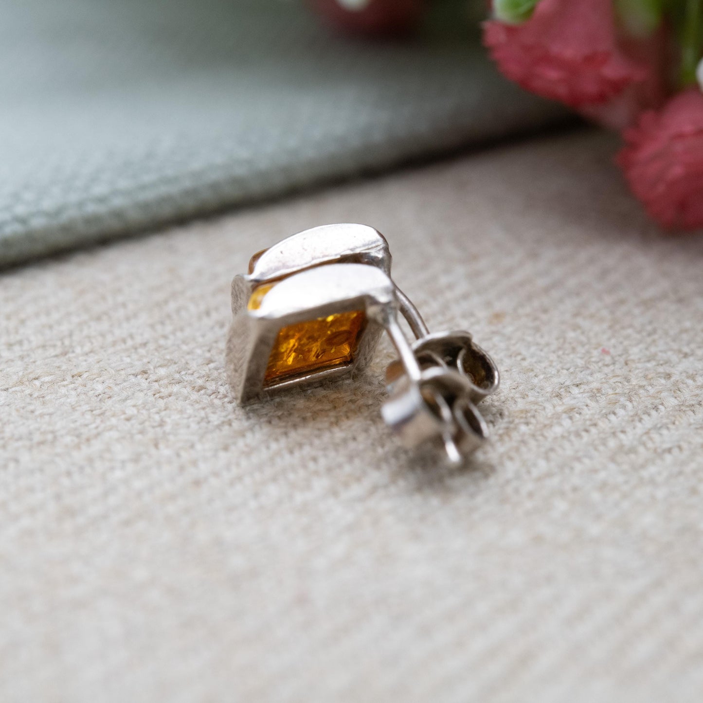 Vintage Sterling Silver Amber Stud Earrings - Cute Square Orange Gemstone Studs | Pretty Gift for Her | Butterfly Backs