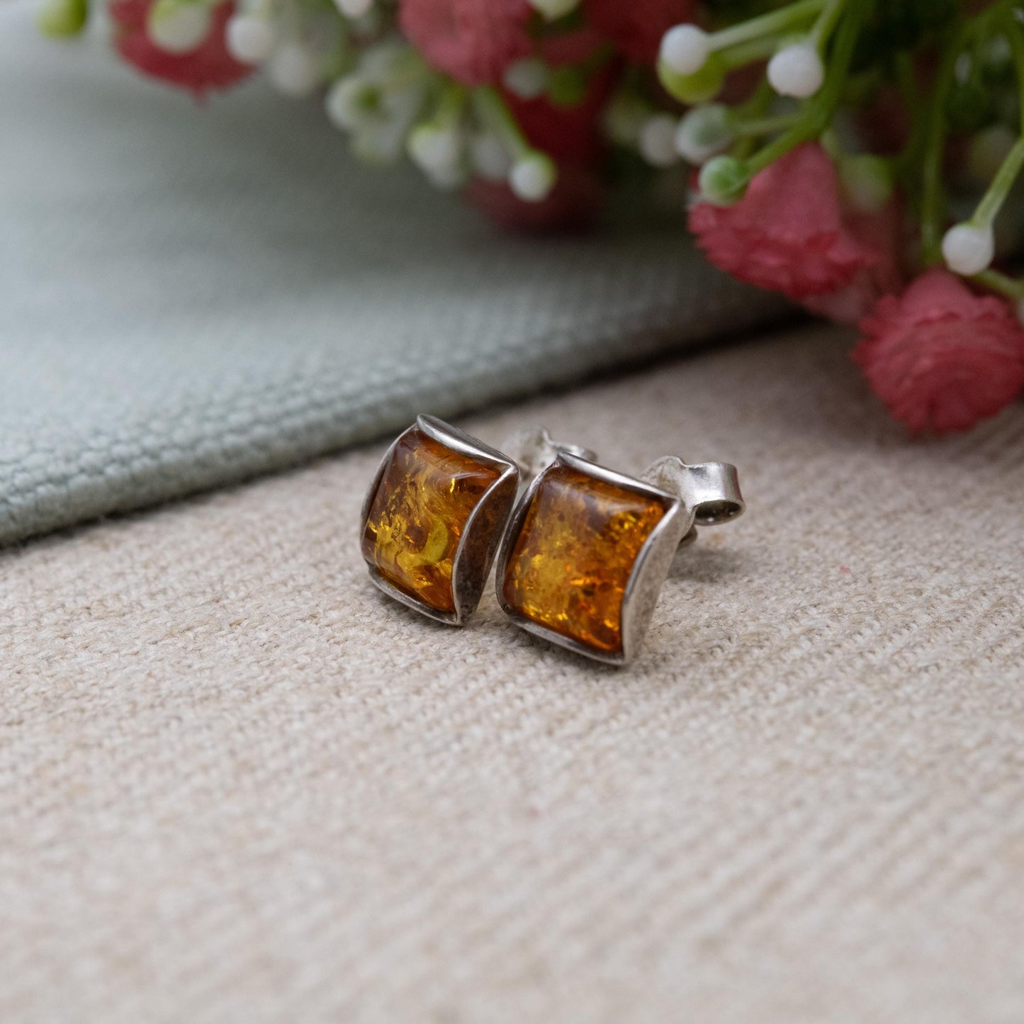 Vintage Sterling Silver Amber Stud Earrings - Cute Square Orange Gemstone Studs | Pretty Gift for Her | Butterfly Backs