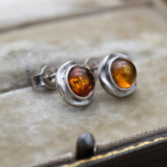 Vintage Sterling Silver and Amber Stud Earrings - Orange Gemstone with Wavy Minimalist Settings | Cute Gift for Her