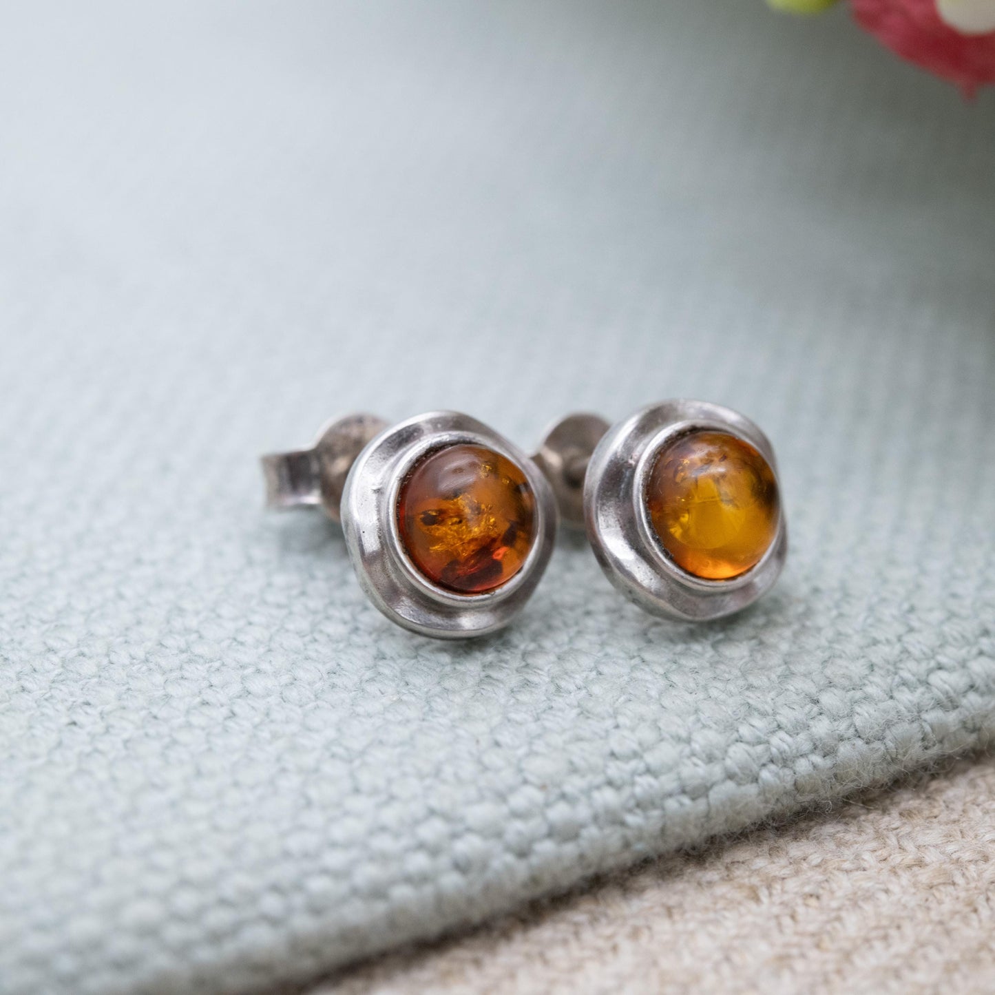 Vintage Sterling Silver and Amber Stud Earrings - Orange Gemstone with Wavy Minimalist Settings | Cute Gift for Her
