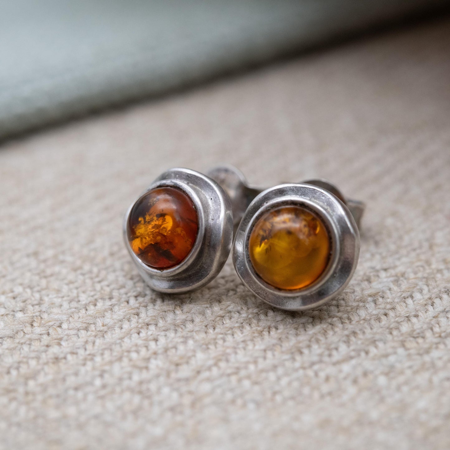 Vintage Sterling Silver and Amber Stud Earrings - Orange Gemstone with Wavy Minimalist Settings | Cute Gift for Her