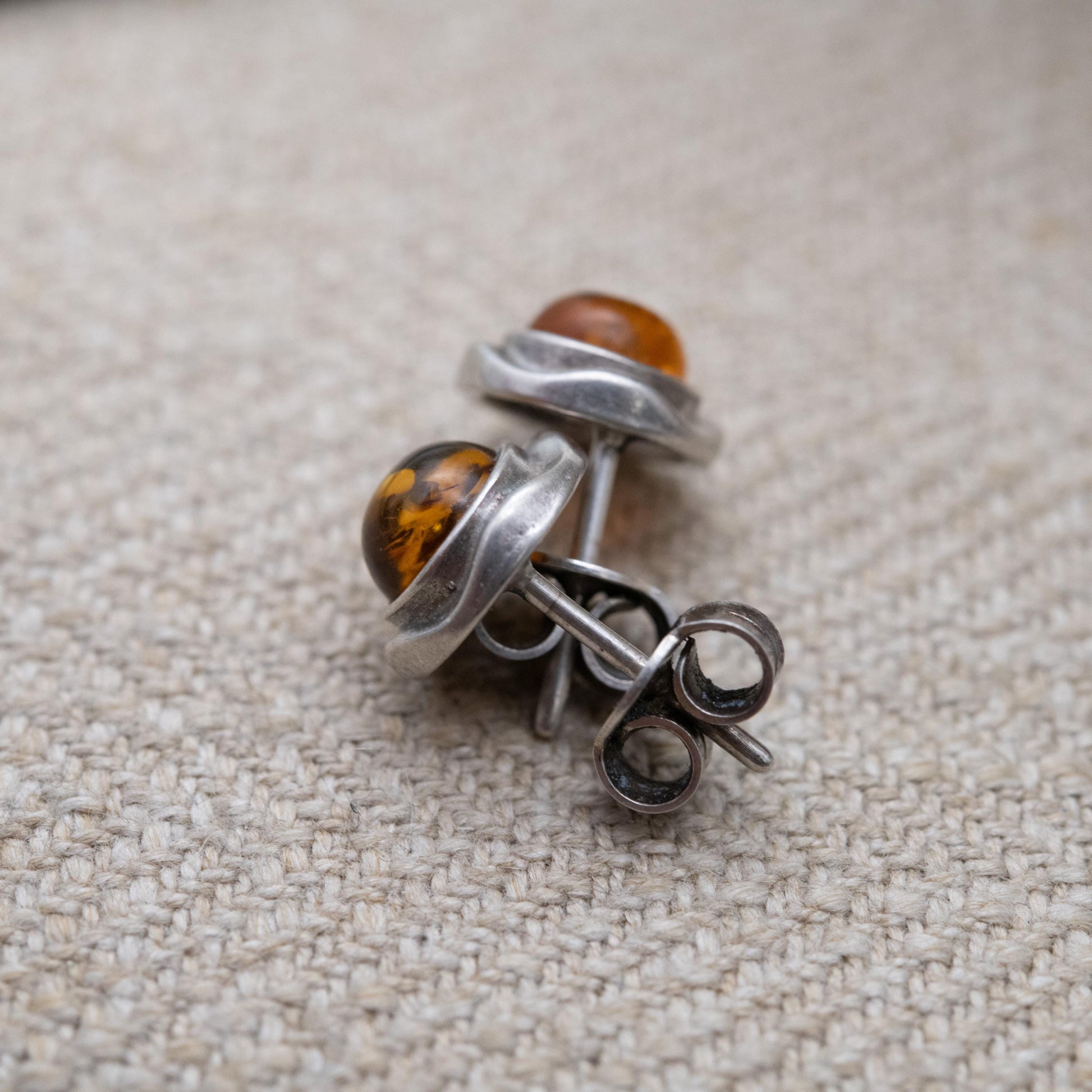 Vintage Sterling Silver and Amber Stud Earrings - Orange Gemstone with Wavy Minimalist Settings | Cute Gift for Her