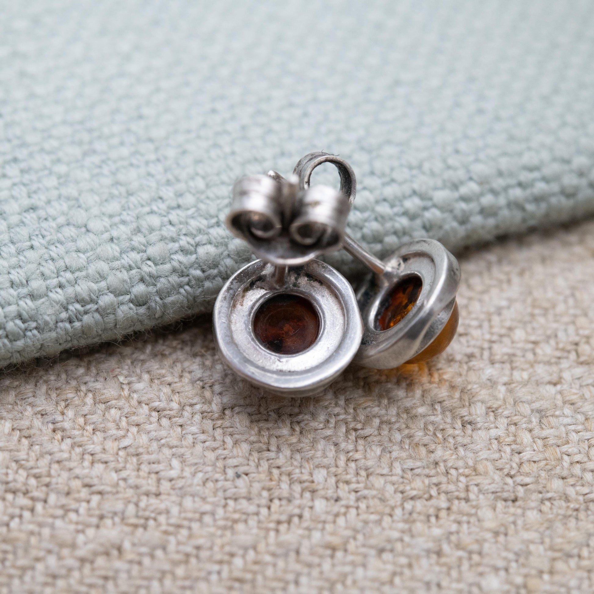 Vintage Sterling Silver and Amber Stud Earrings - Orange Gemstone with Wavy Minimalist Settings | Cute Gift for Her