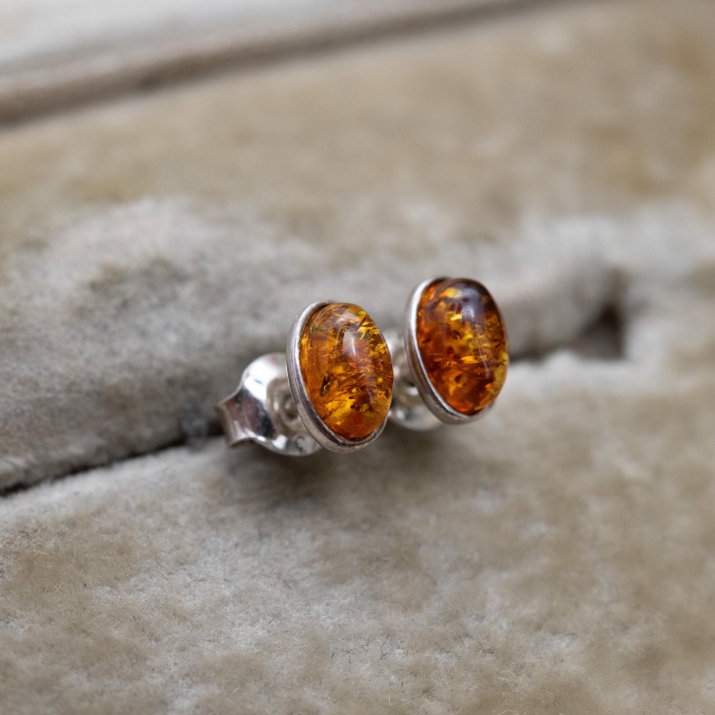 Vintage Sterling Silver and Amber Stud Earrings - Small Orange Cabochon Gemstones | Baltic Amber | Minimalist Earrings | Gift for Her