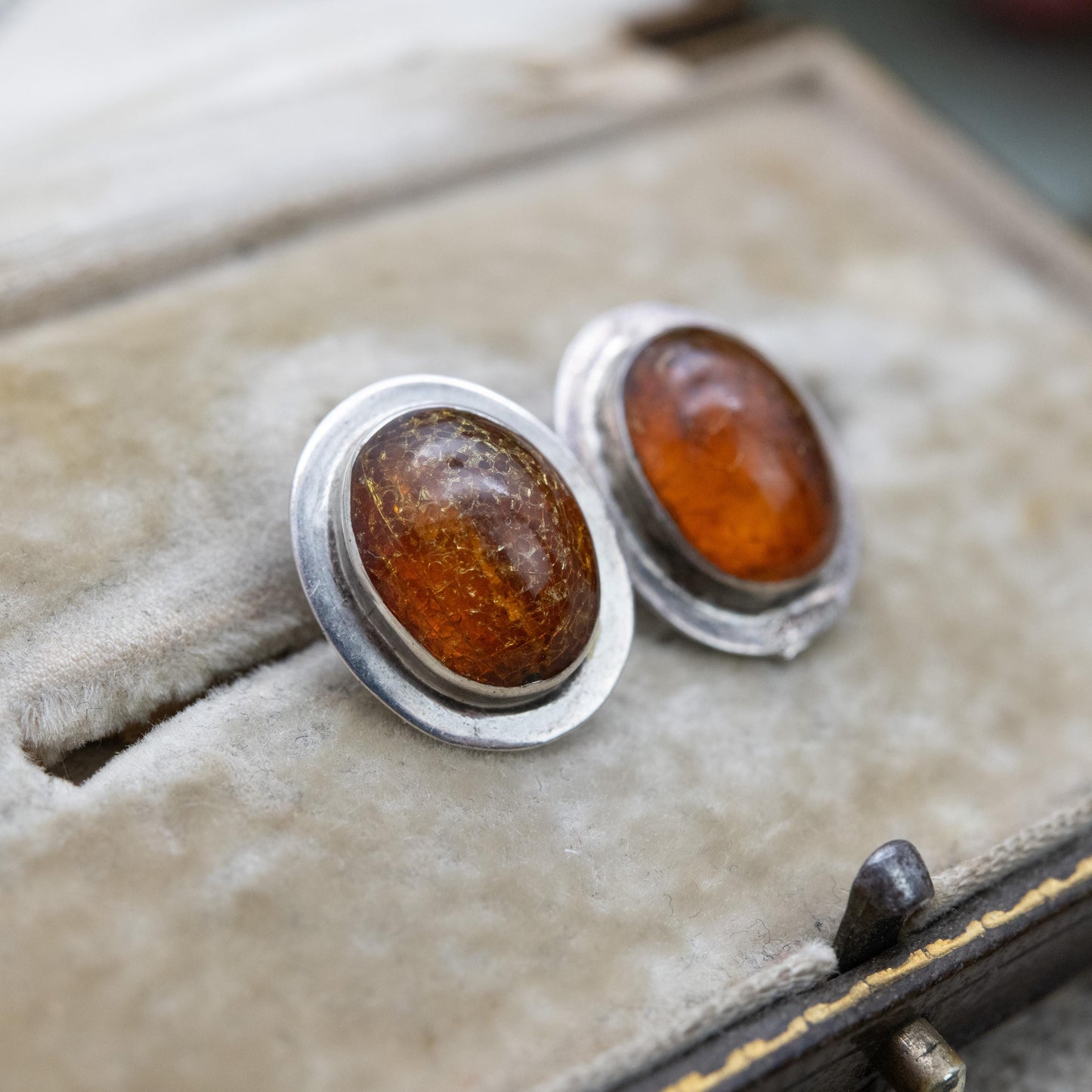 Vintage Sterling Silver and Amber Stud Earrings - Orange Gemstone with Minimalist Setting | Baltic Amber | Gift for Her