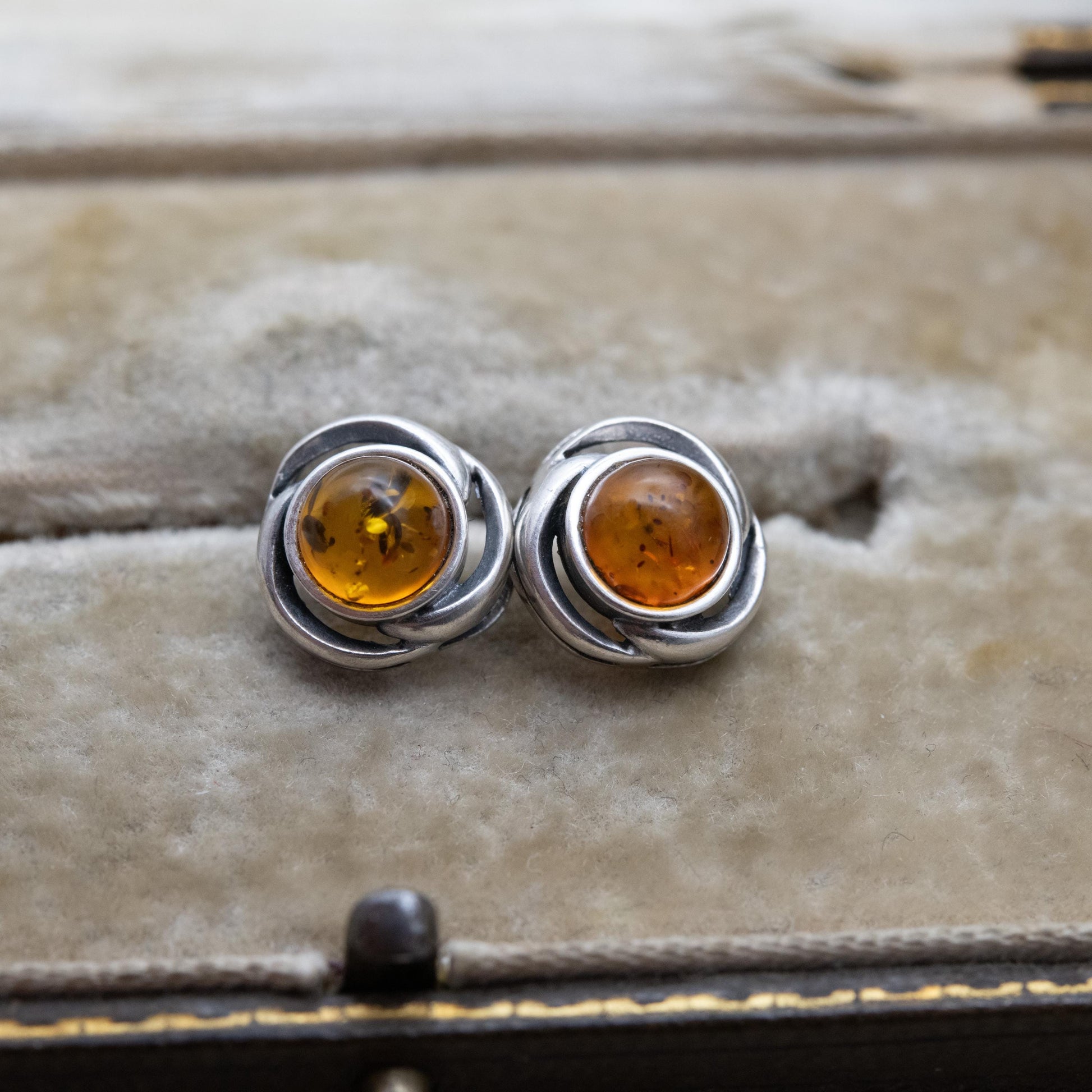 Vintage Sterling Silver and Amber Earrings - Orange Gemstone with a Twisted Setting | Baltic Amber | Minimalist Earrings | Gift for Her