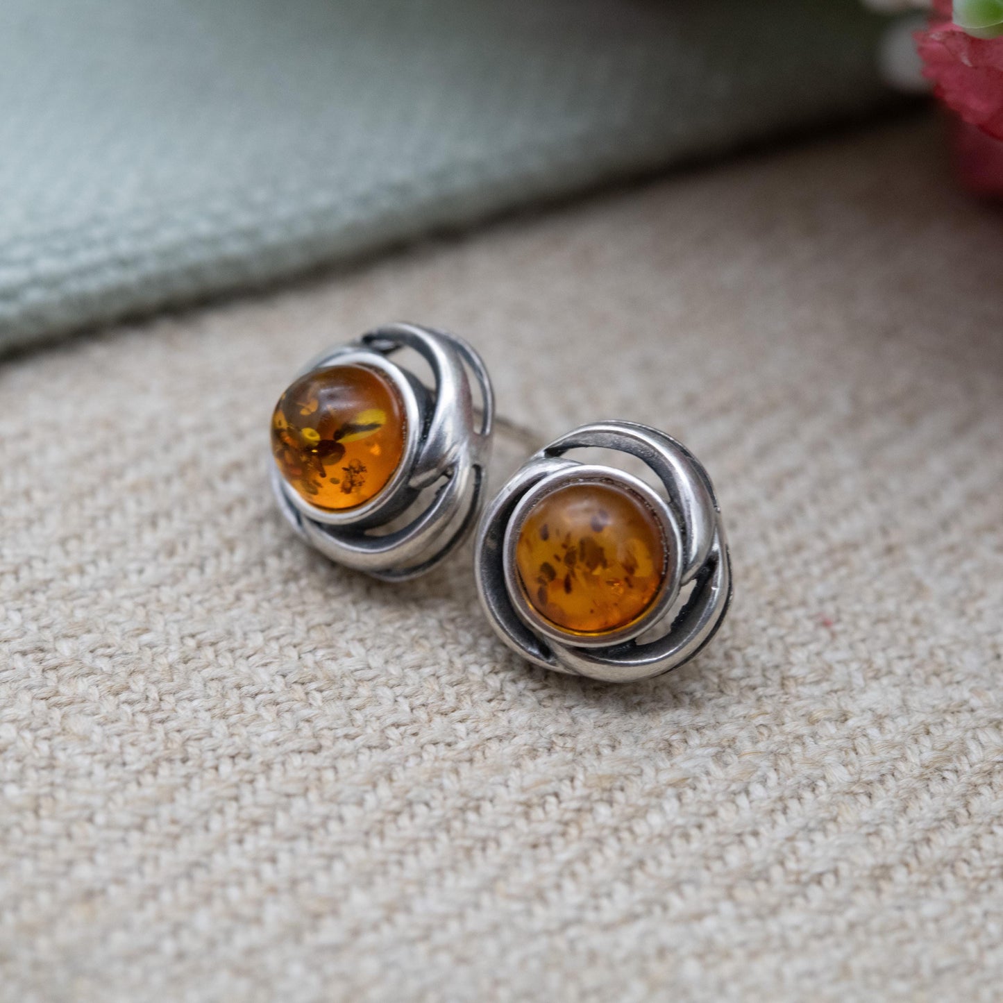 Vintage Sterling Silver and Amber Earrings - Orange Gemstone with a Twisted Setting | Baltic Amber | Minimalist Earrings | Gift for Her