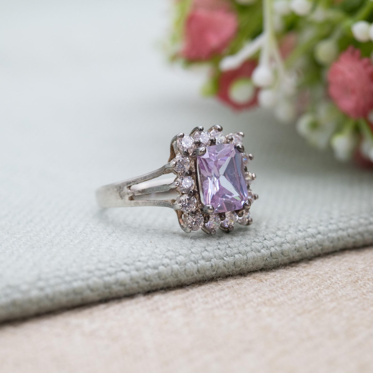 Vintage Sterling Silver Purple CZ Halo Solitaire Ring - Statement Cocktail Ring | UK Size - P | US Size - 7 3/4