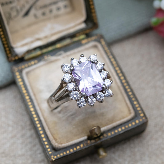 Vintage Sterling Silver Purple CZ Halo Solitaire Ring - Statement Cocktail Ring | UK Size - P | US Size - 7 3/4