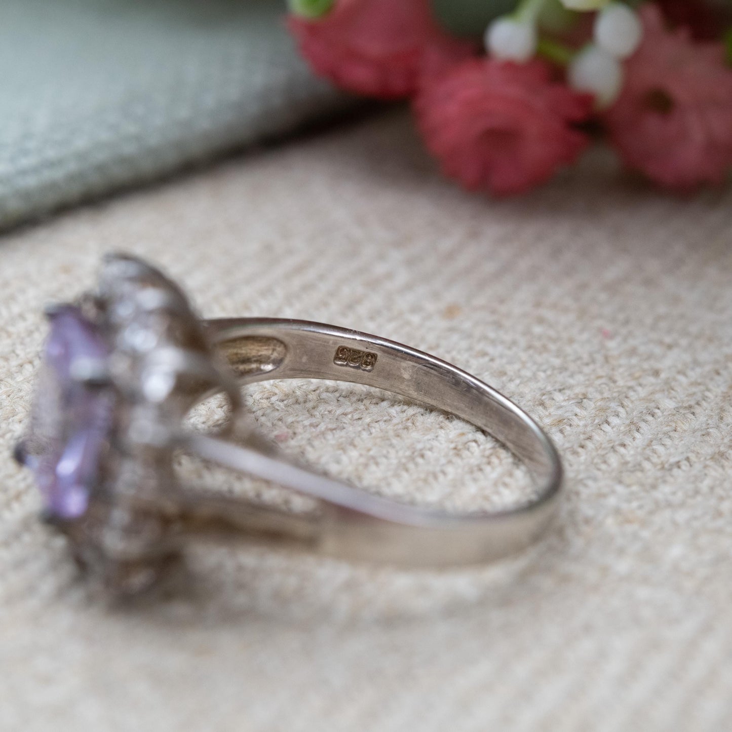 Vintage Sterling Silver Purple CZ Halo Solitaire Ring - Statement Cocktail Ring | UK Size - P | US Size - 7 3/4